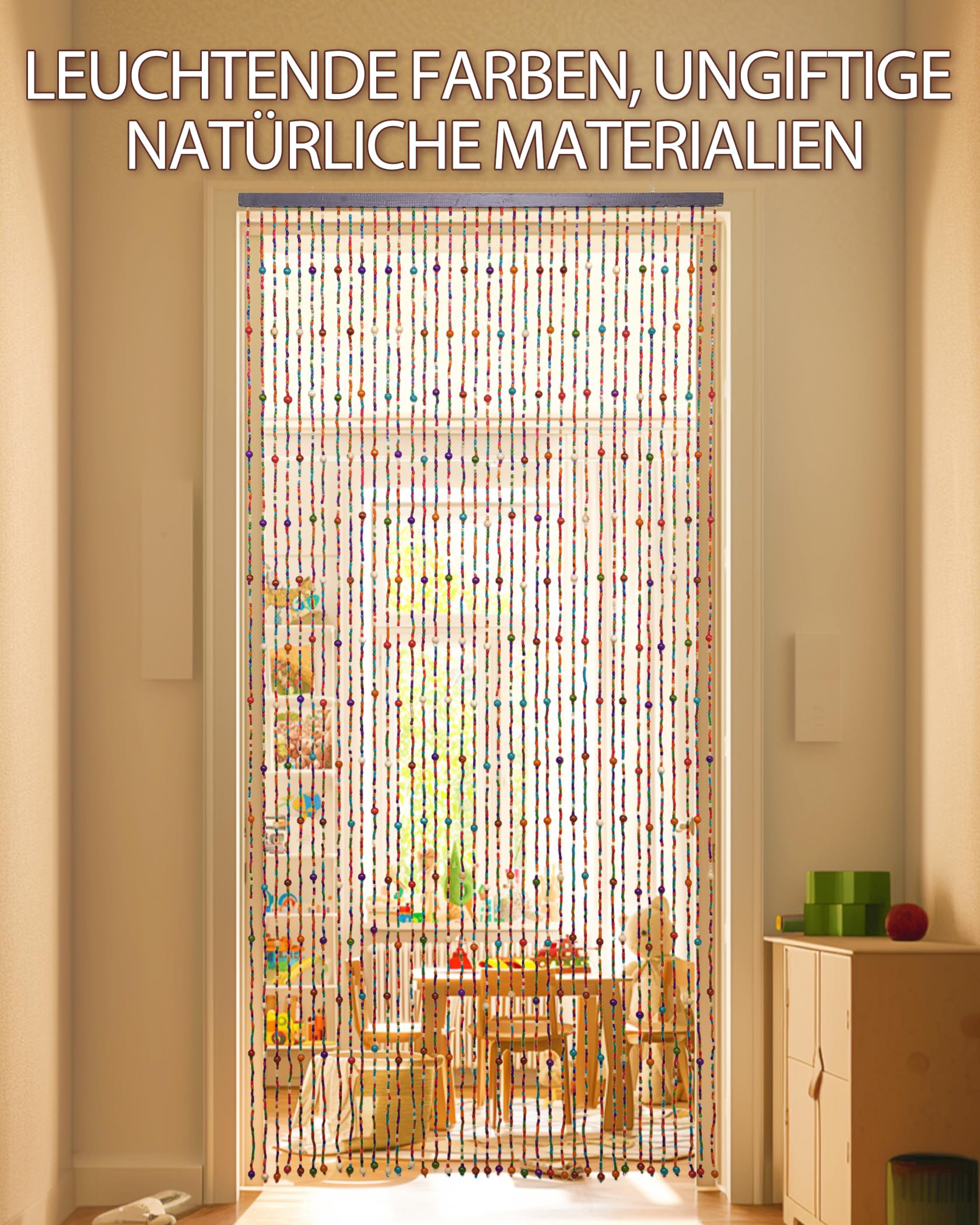 90x200cm Perlenvorhang Türvorhang als Dekoration & Insektenschutz 38 Stränge Bohemian-Stil Bambusvorhang Handwerk aus Bambus & Holzperlen für Fenster/Zimmer, Bunt Regenbogen