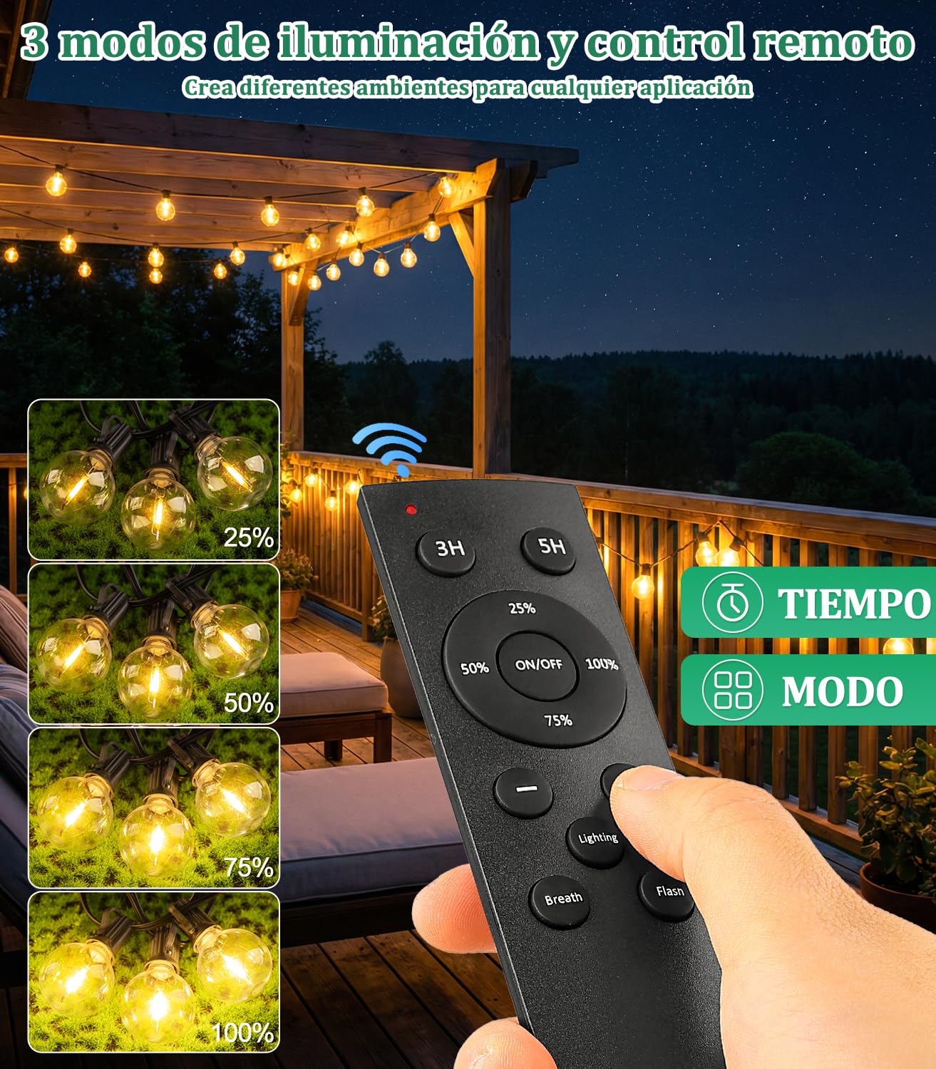 Guirnalda Luces Exterior Jardín Solares - 100FT Guirnaldas Luz Exterior Solar G40 LED Plástico Bombillas 3 Control Remoto Modos Cadena de Lights Solares IP44 Impermeable para Jardín Patio Fiesta