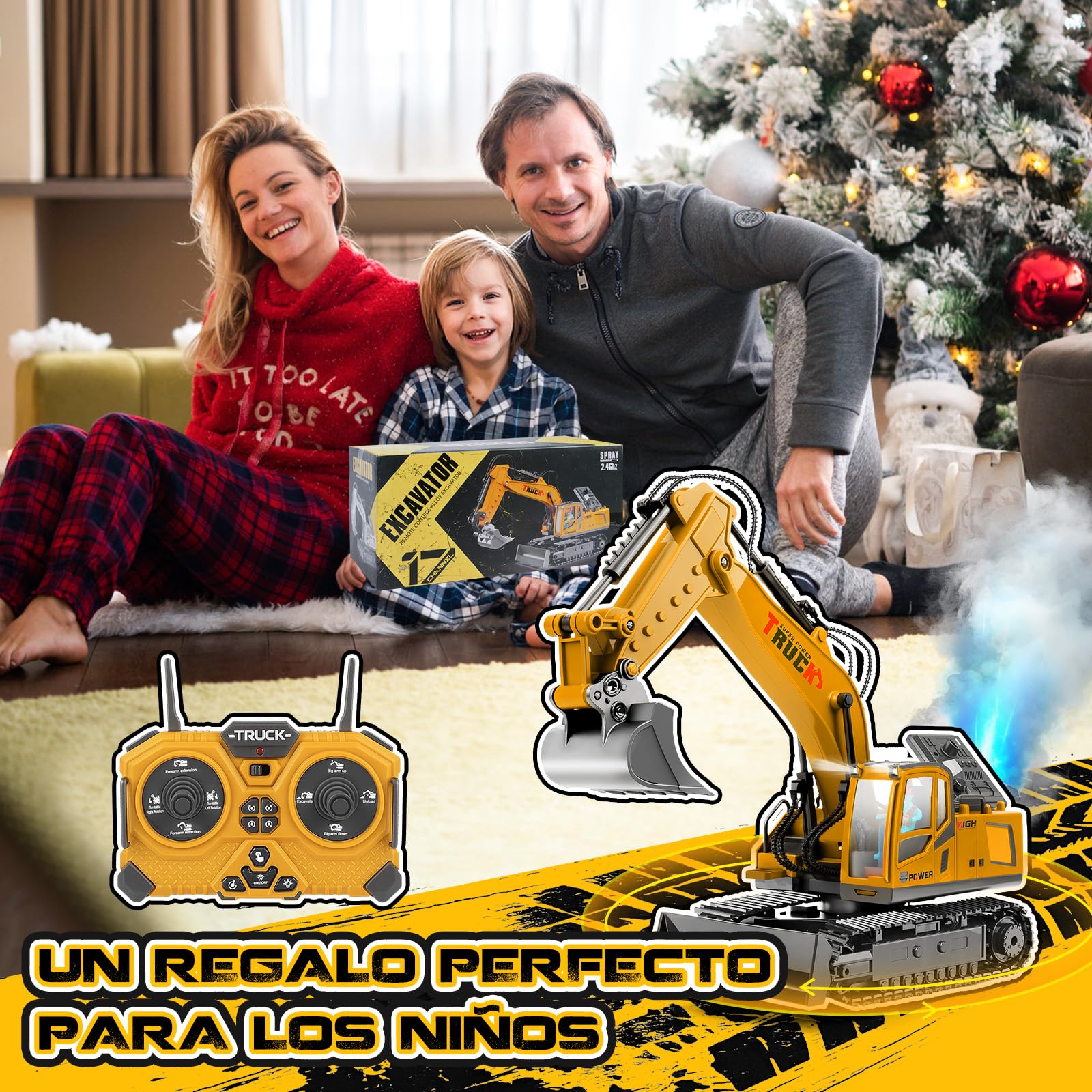 Excavadora Teledirigido, 17 Canales Excavadora RC para Niños Escavadoras Juguetes con Pala metálica, Conductor, Pulverizador, Luces y Sonido, Juguete Construcción Regalo Niño 3+ Años (2,4GHz)
