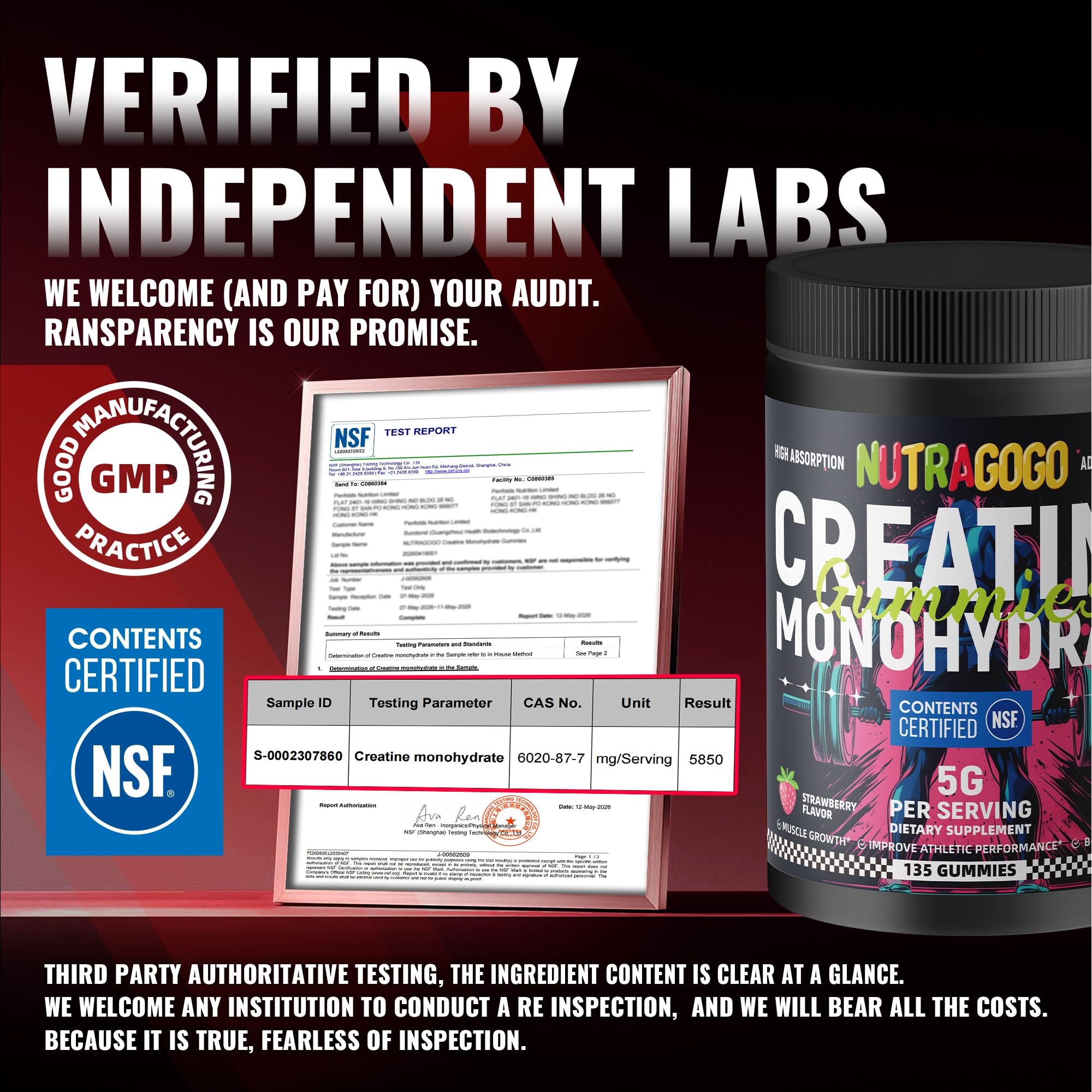 NSF Certified Creatine Gummy - Creatine Monohydrate Gummies for Men & Women-5g of Creatine Monohydrate per Serving - Sugar Free,Vegan, Strawberry Electrolyte Chews, 135 Count — Amazon image 2