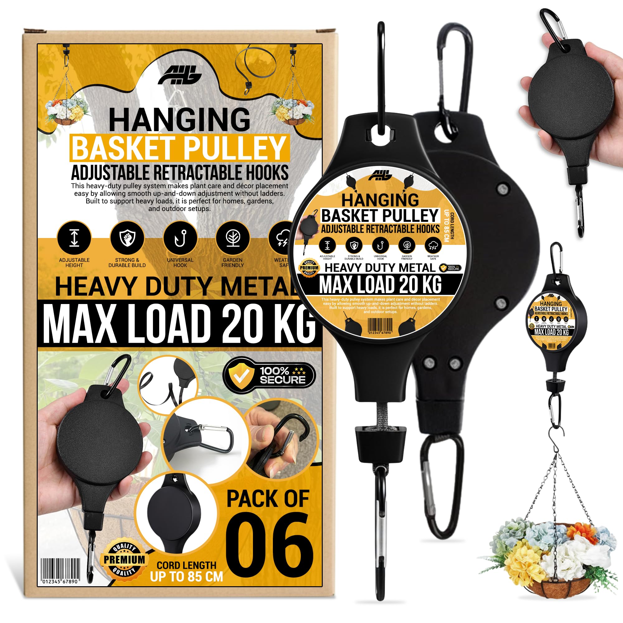 AHG 6 Pack Hanging Basket Pulley Hooks | Adjustable Retractable Plant Hanger Pulley for Hanging Baskets, Bird Feeders & Garden Decor | Heavy Duty Metal Pulley System, Max Load 20kg Each