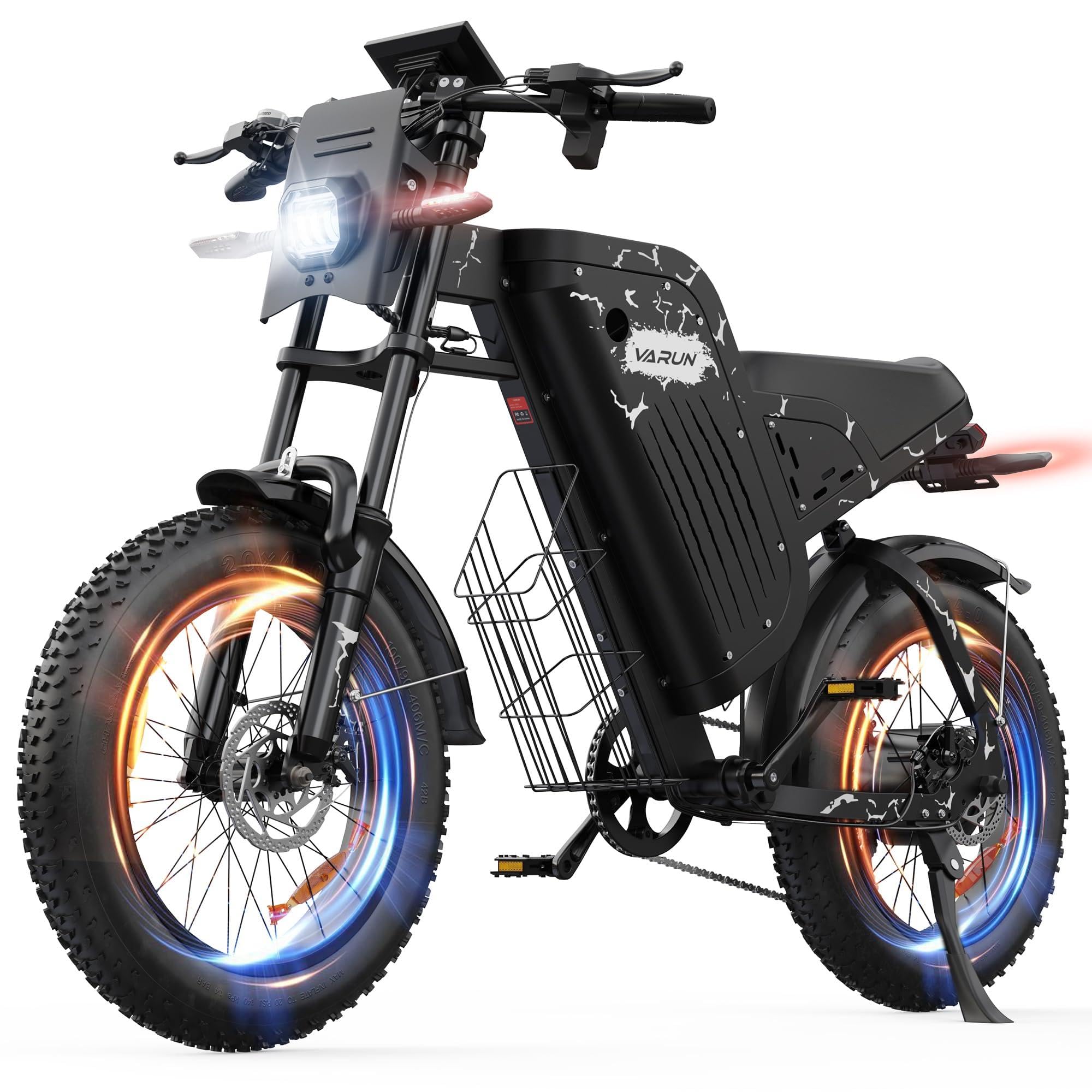 VARUN Bici Elettrica, 20''*4.0 Bicicletta Elettrica Fuoristrada, Batteria 48V 20.8/31.5Ah, Doppia Sospensione, Indicatori di Direzione Anteriori e Posteriori, E-Bike per Adulti a 7 Velocità