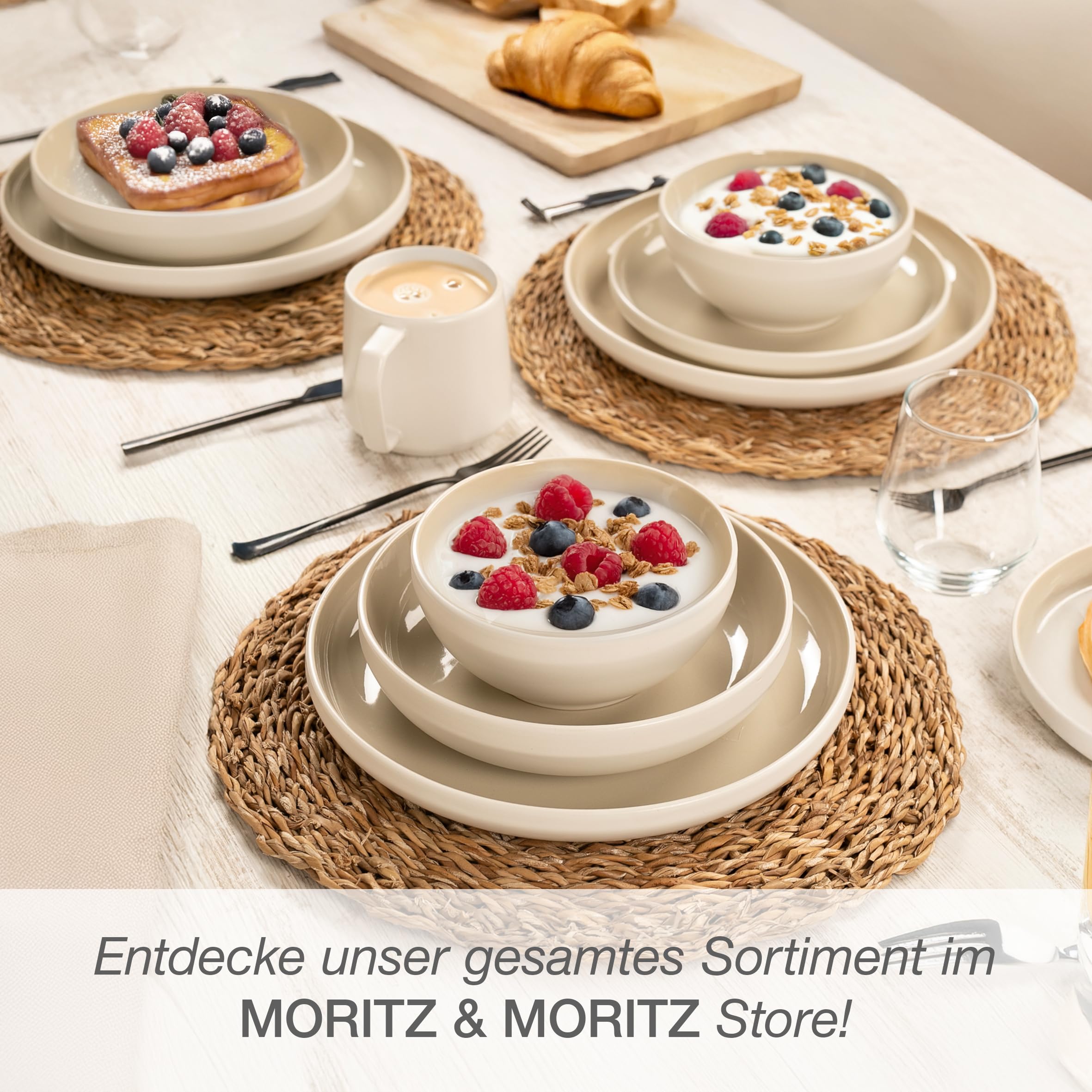Moritz & Moritz CAVO Steingut Geschirrset 6 Personen 18-tlg. - Modernes Tafelservice in der Farbe Sand - Pflegeleichtes Kombiservice mit Teller Set & Schüsseln - Kaffeeservice
