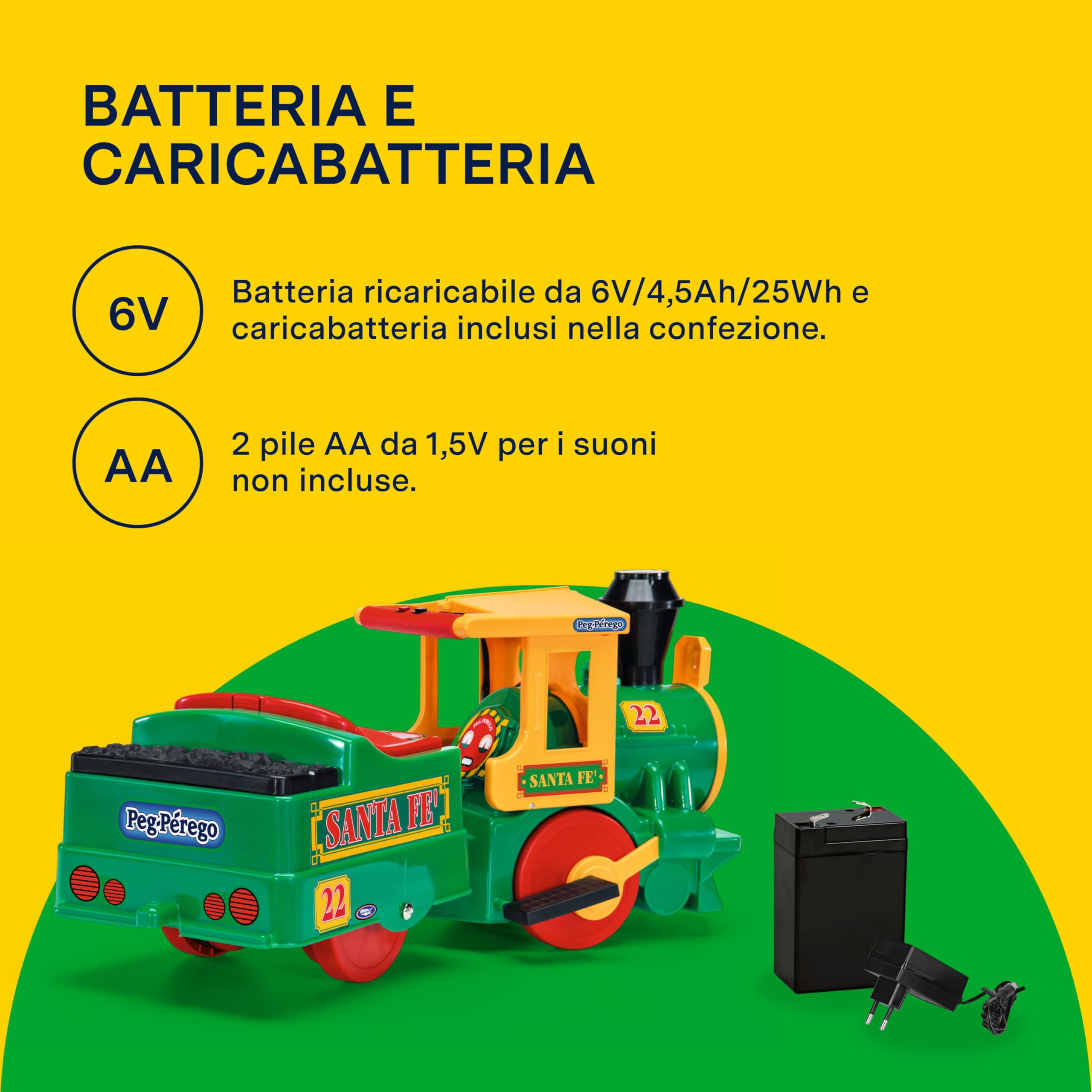 PEG Santa Fé Train Trenino Elettrico Cavalcabile per Bambini dai 2 Anni con Dettagli Far West, 12 Binari Curvi, Batteria Ricaricabile 6V