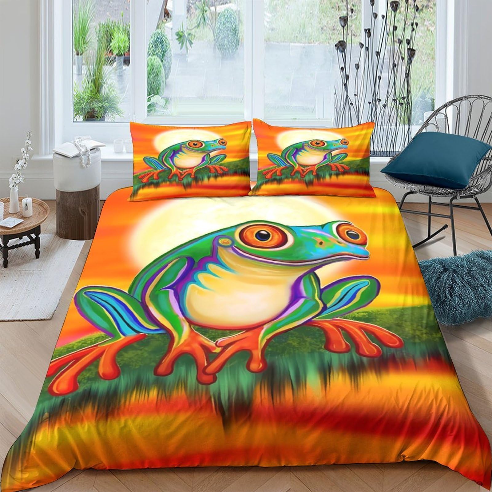 Ctjqhvkz Style-7 3D Printed Vibrant Frog Fitted Sheet Microfiber Orange Green Artistic Mattress Cover For Bedroom Dorm Protection Decor Single（135X200cm）