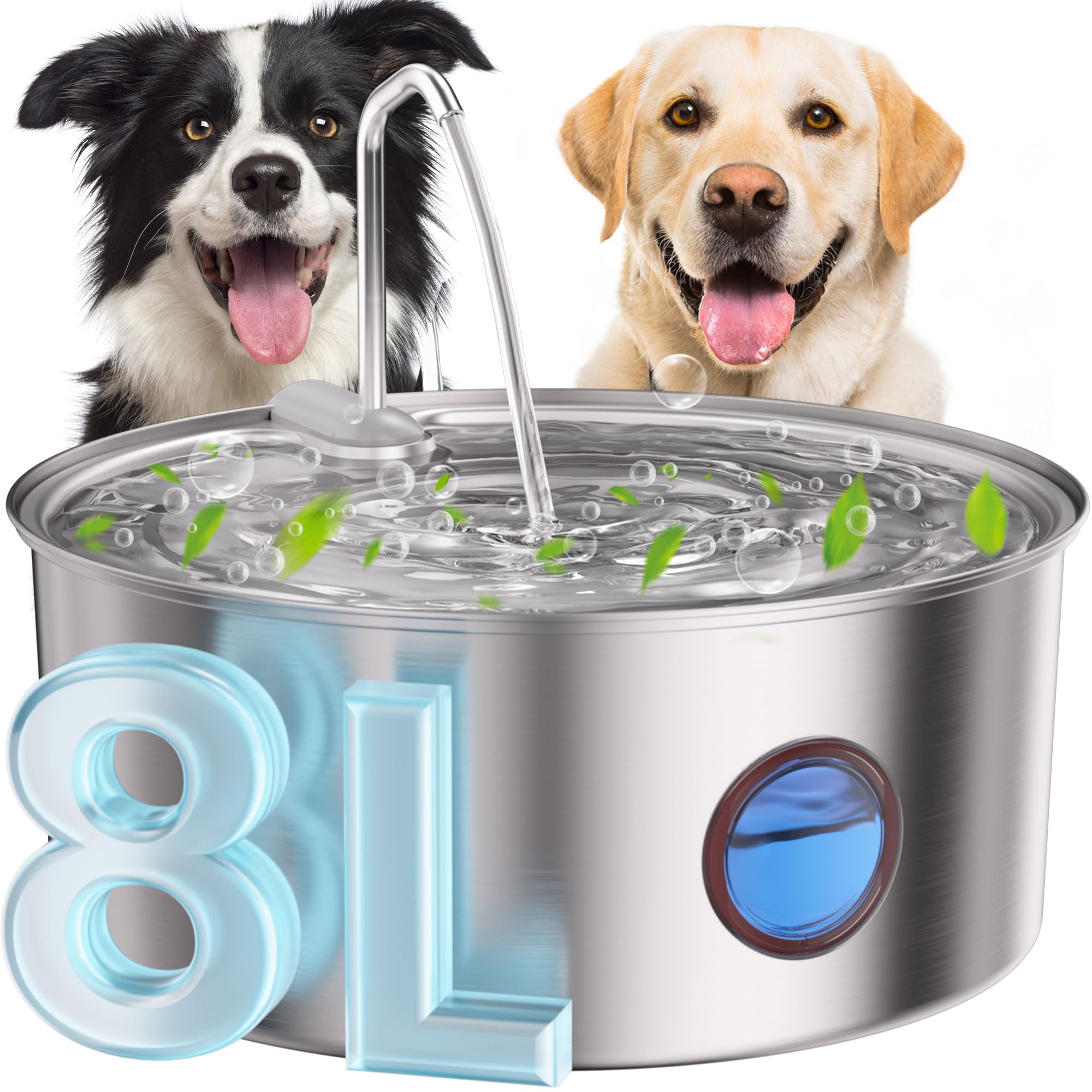 Kittyspout Fontanella per Cani/Gatti, 8L/270 oz di grandi dimensioni, Fontanella per Cani in Acciaio inox con ampia finestra di visualizzazione, Super Silenzioso con Visibile Argento
