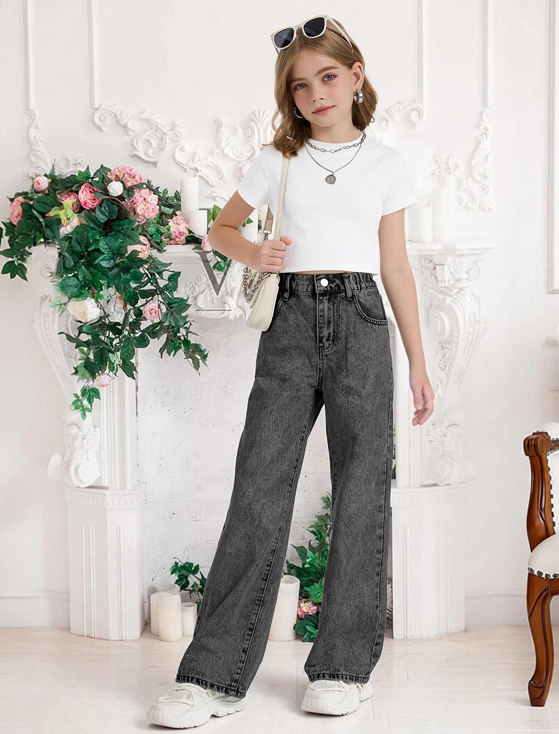 Girls Baggy Jeans Wide Leg High Elastic Waisted Bow Embroidered Straight Pant Y2k Cute Tween Skater Streetwear