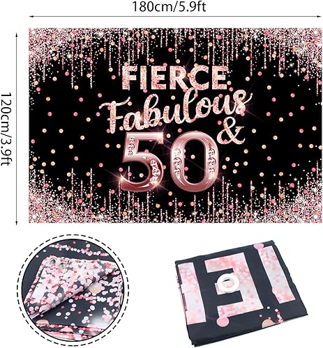 Miniatura 2 de Cartel de fondo de 50 cumpleaños con texto en inglés "Happy 50th Birthday" Fierce Fabulous y 50 decoraciones para mujeres de 50 años de edad, fondo
