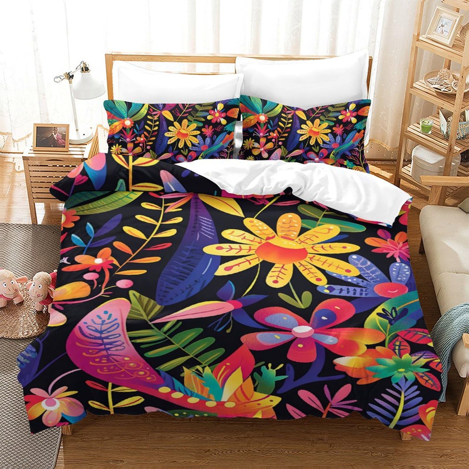 Parure de lit fleurs 140x200 housse de couette microfibre ado single