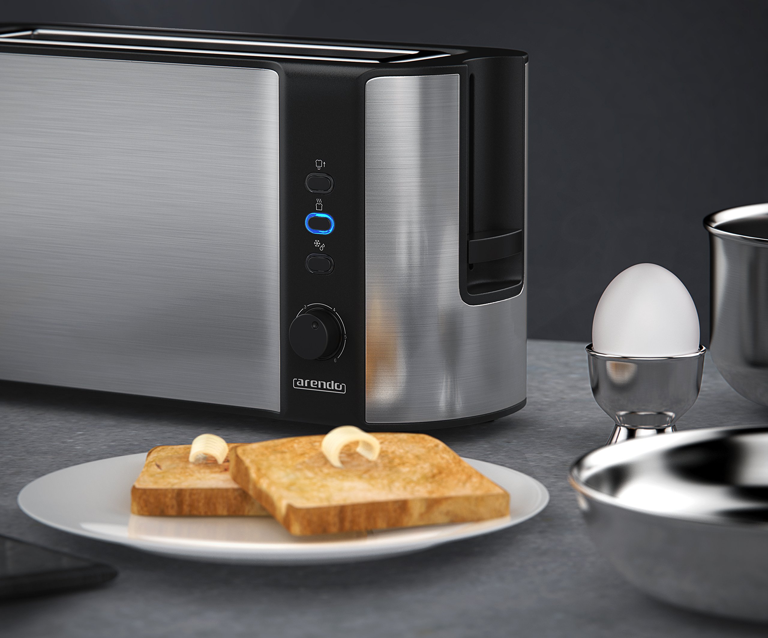 Arendo - Tostapane a fessura lunga 2 fette - Funzione scongelamento - 1000 W - Doppia parete - Accessorio scalda cornetto - Grado di doratura 1-6 - Display con indicatore del tempo rimanente - Argento