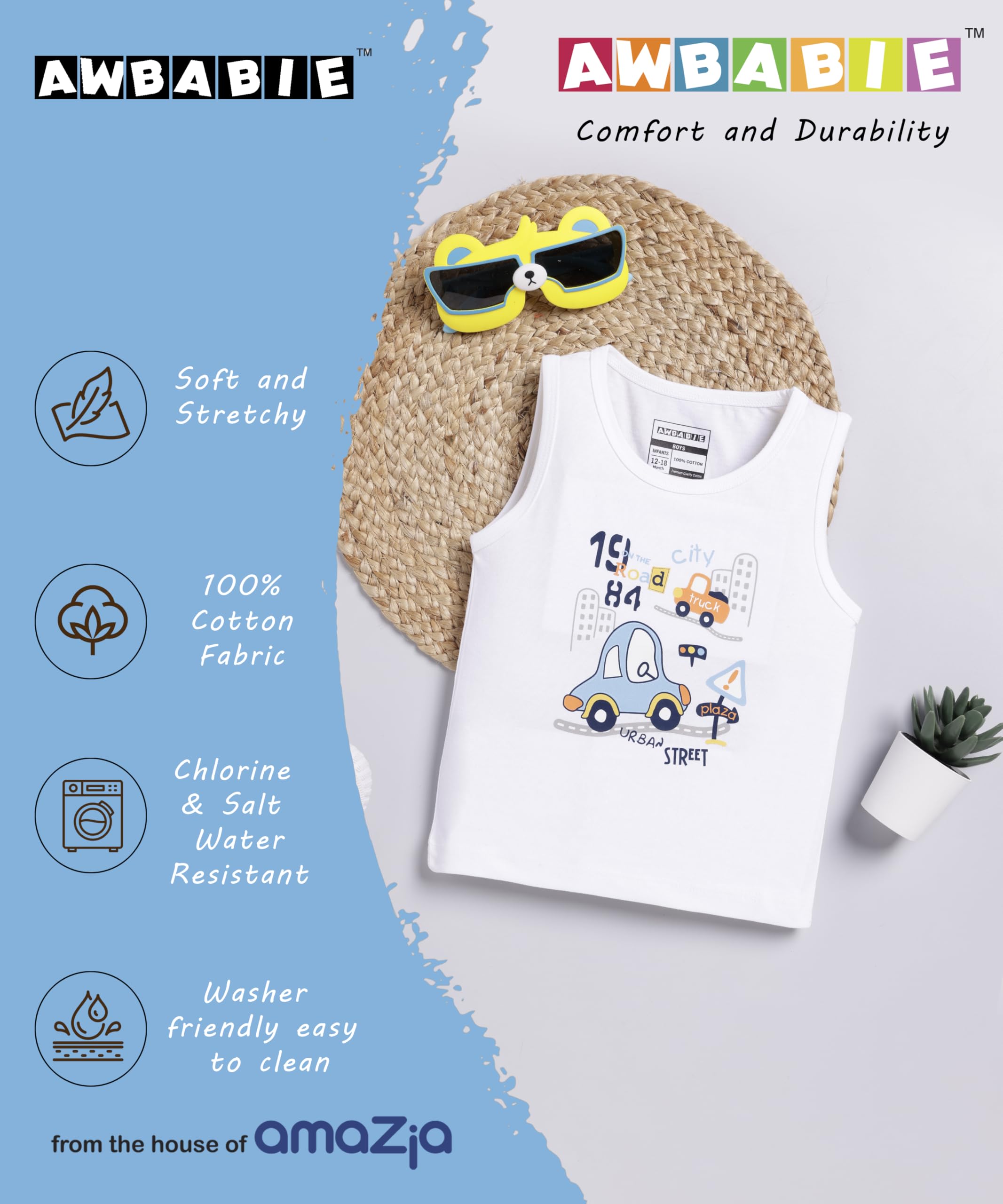 Awbabie Infant Boys' Sleeveless Top | 100% Cotton | Bio-Wash | 180 GSM Jersey | Soft & Breathable | Playful DTF Print | Cool & Versatile | Bright White | 6-9M - Image 5 thumbnail