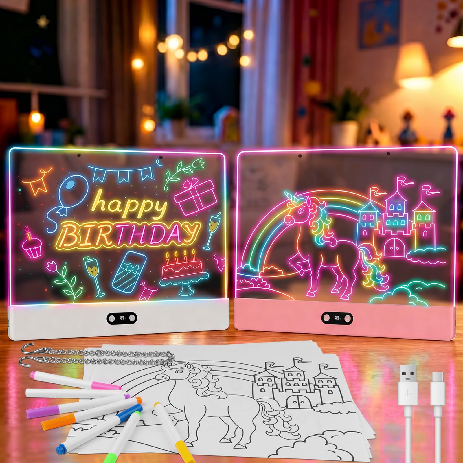 2 Set Lavagna da Disegno a LED Ricaricabile per Bambini, Bianco & Rosa | con Luci RGB,Grande Tappetino Luminoso in Acrilico 35x26cm,8 Colori Statici & 3 Modalità Dinamiche,Supporto Nascosto per Arte