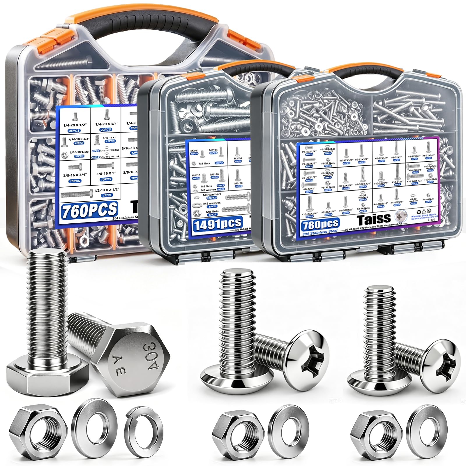 Taiss 760PCS 304 Stainless Steel Hex Bolts Kit,1/4-20 5/16-18 3/8-16 1/2-13 — Amazon image 14