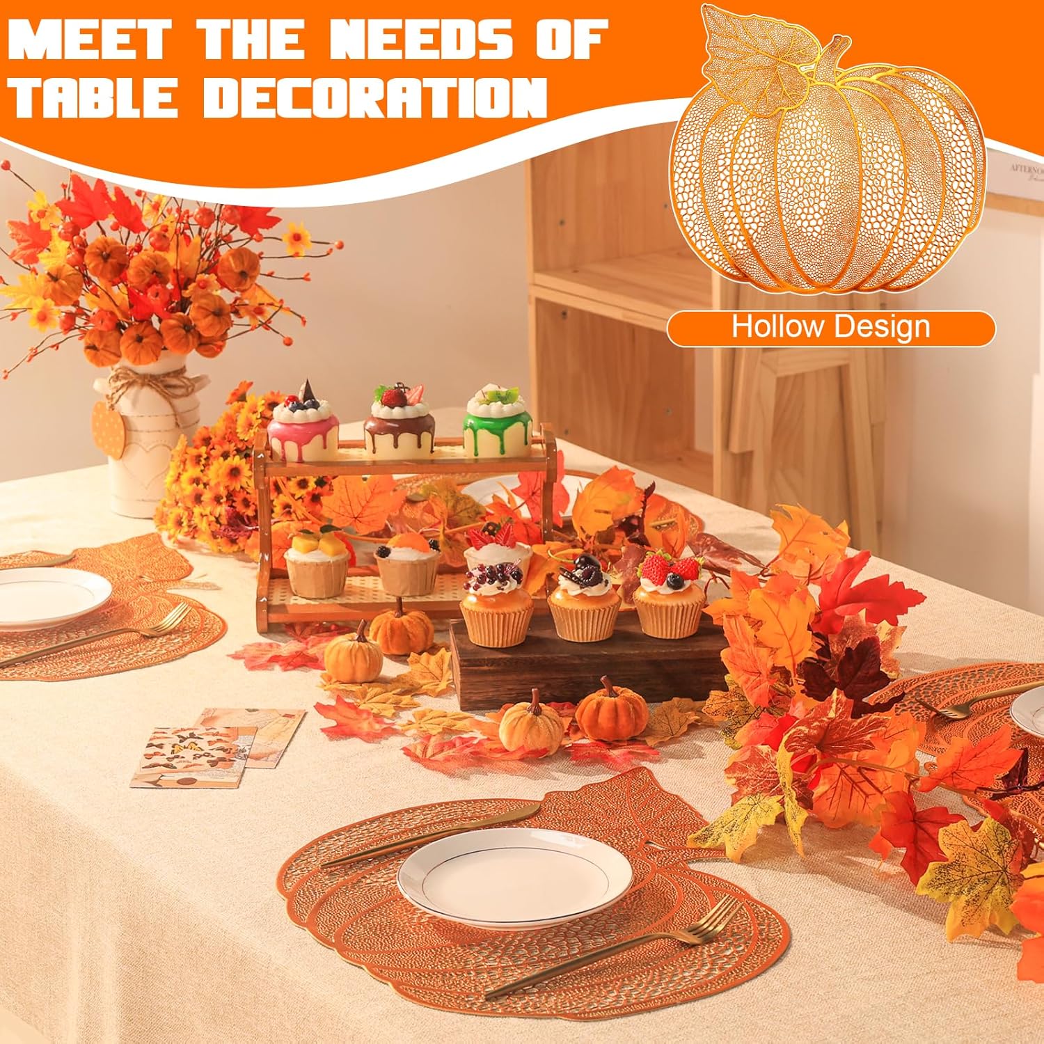 Fall Thanksgiving Pumpkin Placemats Set of 15 Autumn Harvest Table Mats Washable Vinyl Heat Resistant Non-Slip Round Placemat for Fall Halloween Thanksgiving Farmhouse Party Kitchen Table Decor