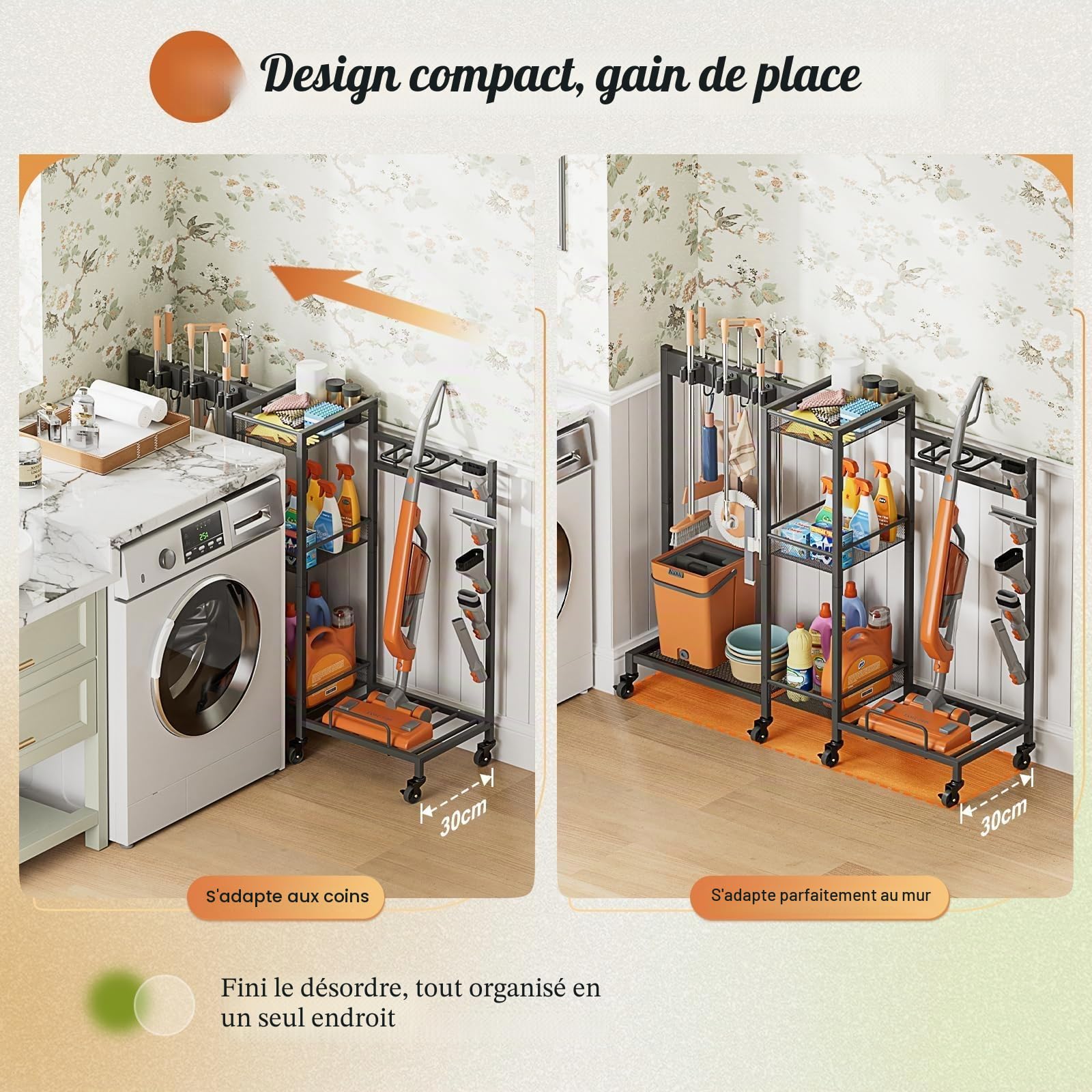 Porte-Balai et Organisateur Produits de Nettoyage, Chariot de Ménage avec roulettes et Armoire, Support pour Balai et Serpillière avec Support Aspirateur, Chariot Multiusage pour Maison et Buanderie