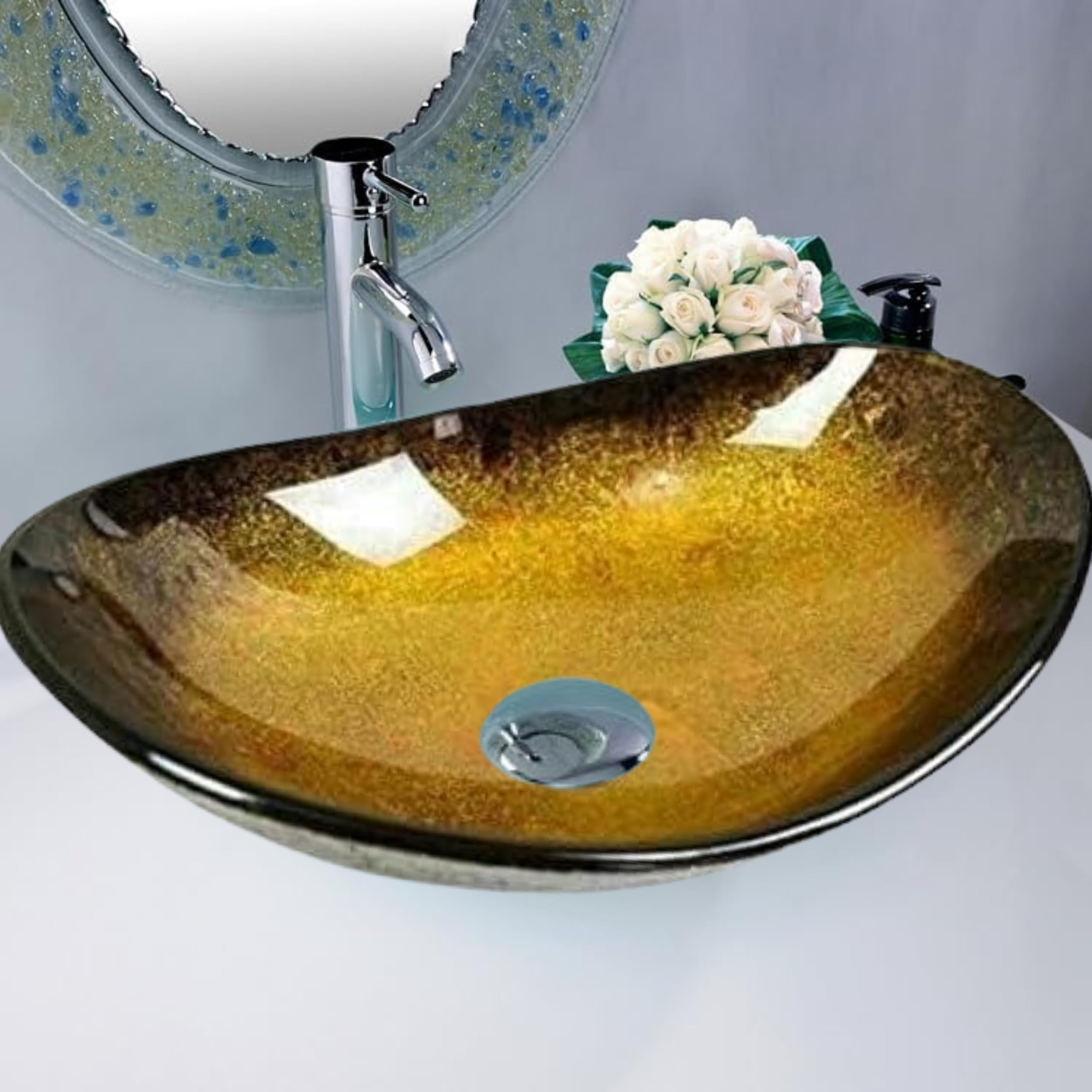 Belofay Oval Gold Modern Design Bathroom Counter Top Wash Basin Sink, Glass Bowl Cloakroom Basin For Vanity Cabinet, Toilets And Bathrooms With Tap, Pop Up Waste And Plastic Bottle Trap