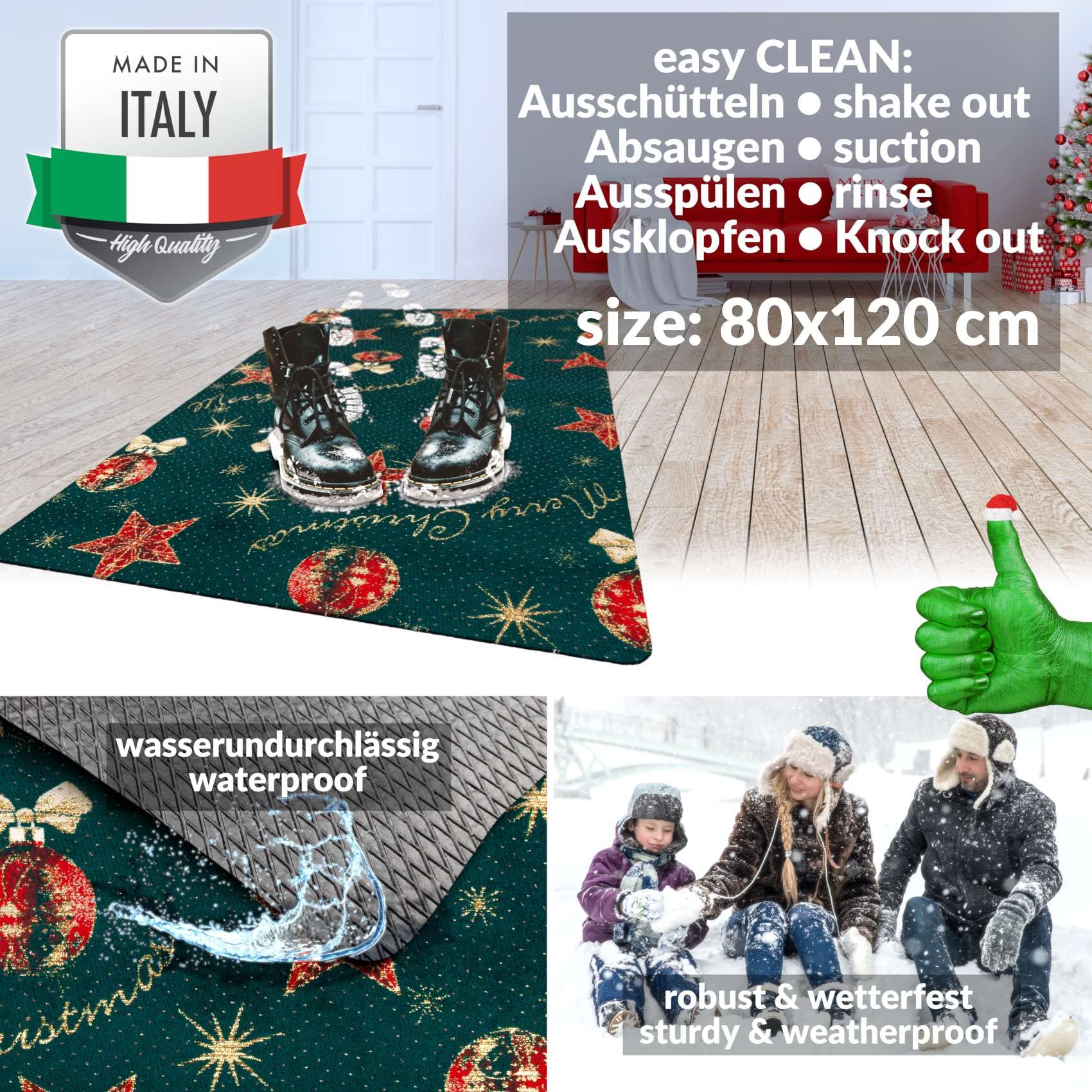 ANRO Alfombra de pasillo de Navidad, Alfombra Puerta, Antideslizante, Venta por Metros, con Purpurina, Verde Merry Christmas, 80 x 120 cm