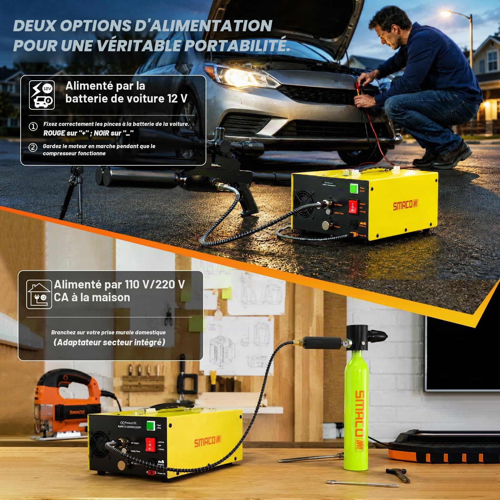 SMACO Compresseur de plongée PCP haute pression 4500 PSI / 300 bar Compresseur d'air portable pour bouteilles de plongée paintball, fusils à air PCP, arrêt automatique, double alimentation (12 V CC