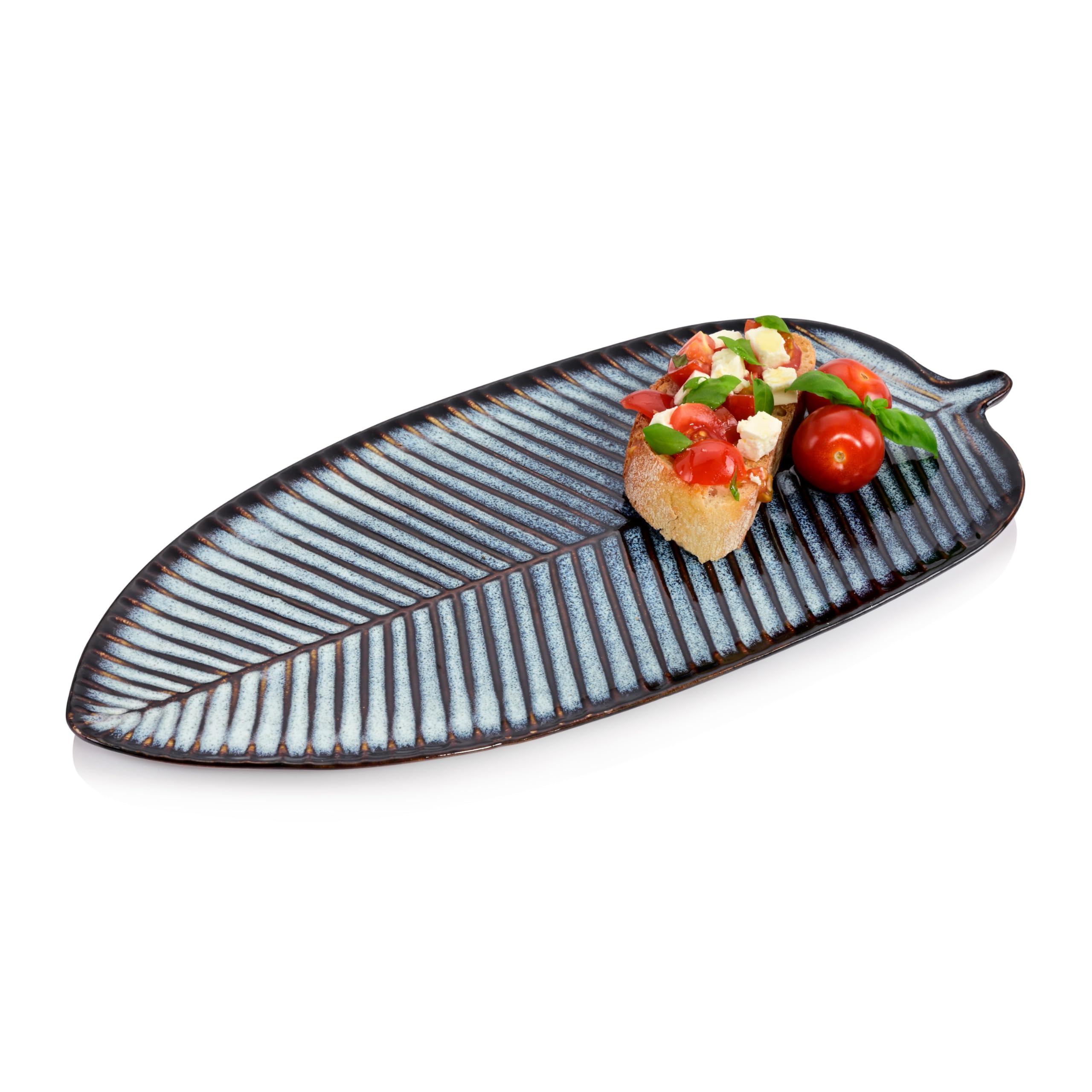 Sänger | Servierplatte Tokio, Steingut Servierteller in Blattoptik, Ovaler Teller für Fleisch Fisch und Snacks Spülmaschinenfest, Snackplatte Blau mit Schwarzen Akzenten | PREMIUM COLLECTION