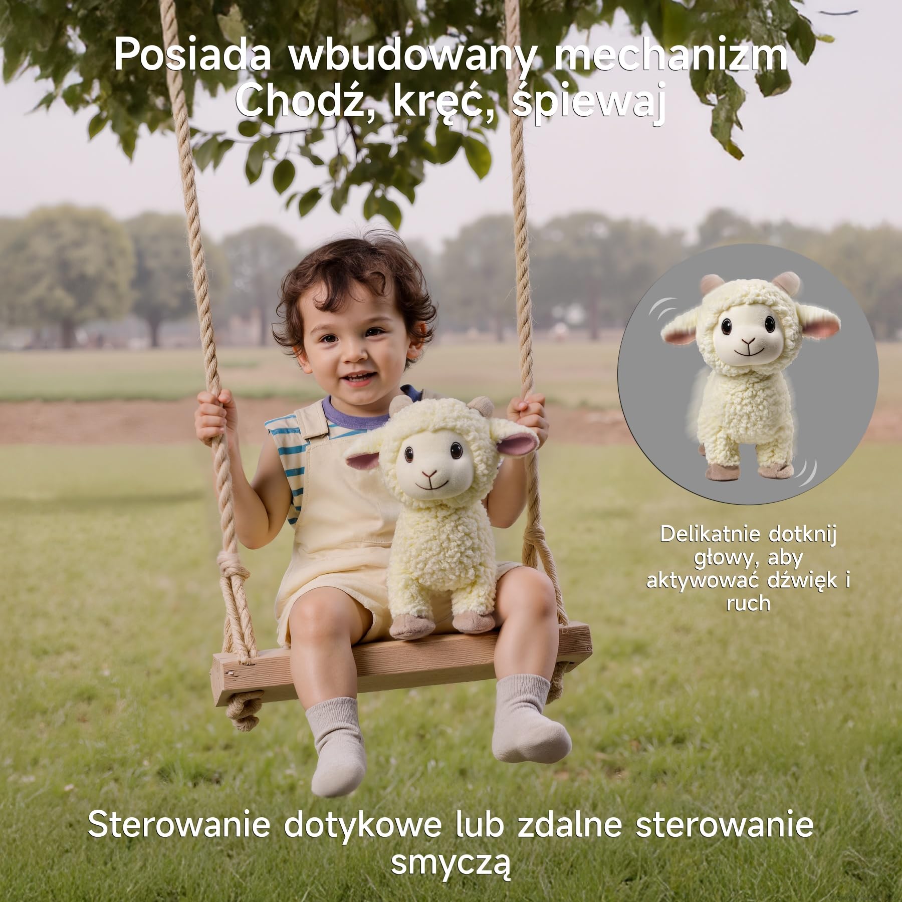 Pluszak Owca która Chodzi, Pluszowa Zabawka Jagniątko ze Smyczą Zdalnego Sterowania, Elektroniczna Interaktywna Przytulanka Baranek, Śpiewa, Beczy i Merda Ogonem, Realistyczne Dźwięki Mee Mee