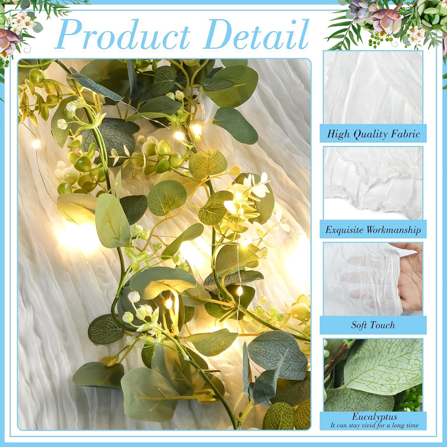 Cinrobiye 11pcs Cheesecloth Table Runner 120 Inches Dusty Boho Gauze Cheese Cloth Runner with Rustic Wrinkled Gauze Napkins Eucalyptus and Lights for Wedding Baby Shower Party Decor (White)