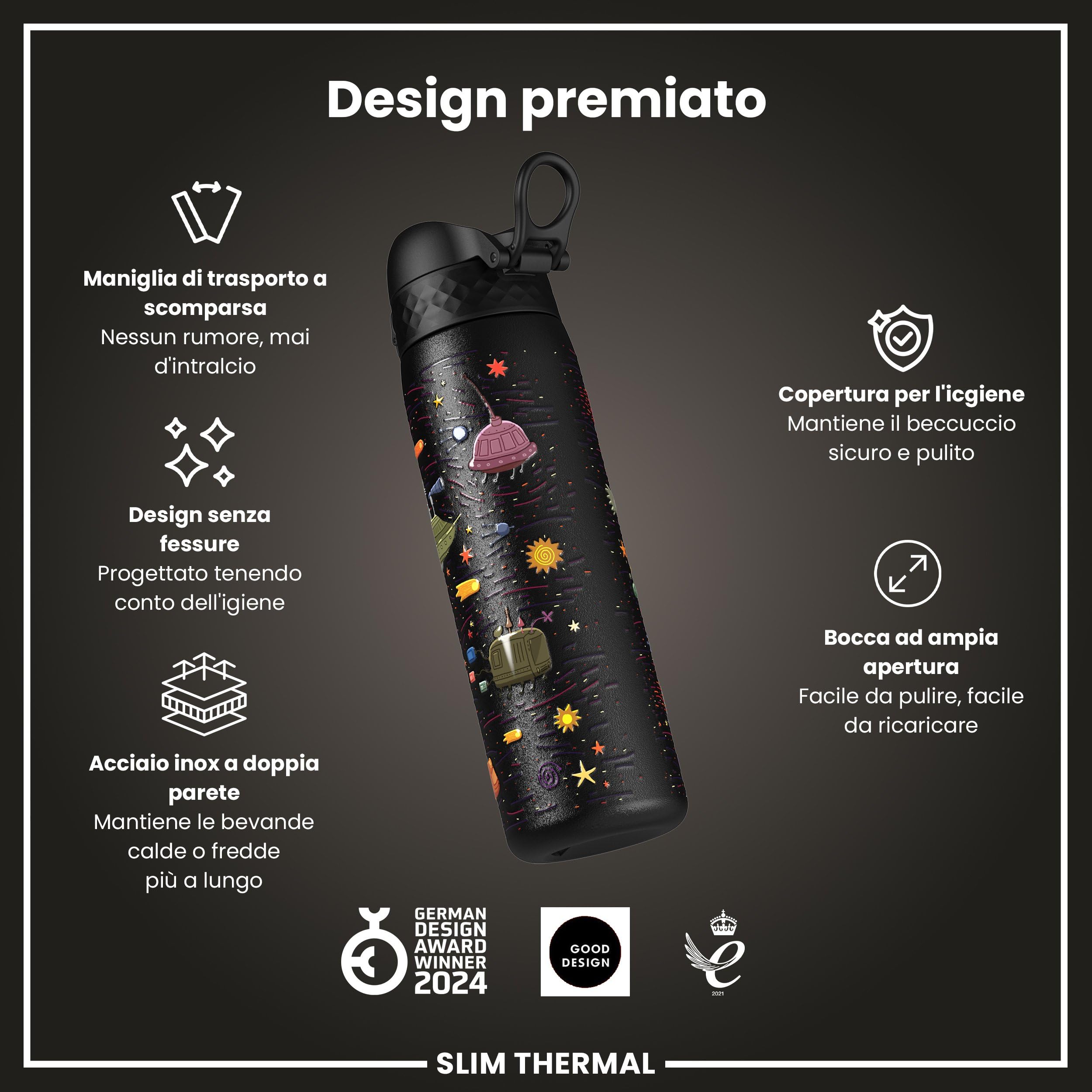 Ion8 Borraccia Termica in Acciaio Isolato, 500ml, a Prova di Perdite, Facile da Aprire, Serratura Sicura, Lavabile in Lavastoviglie, Maniglia per il Trasporto, Facile Pulizia, Durevole,Astronavi