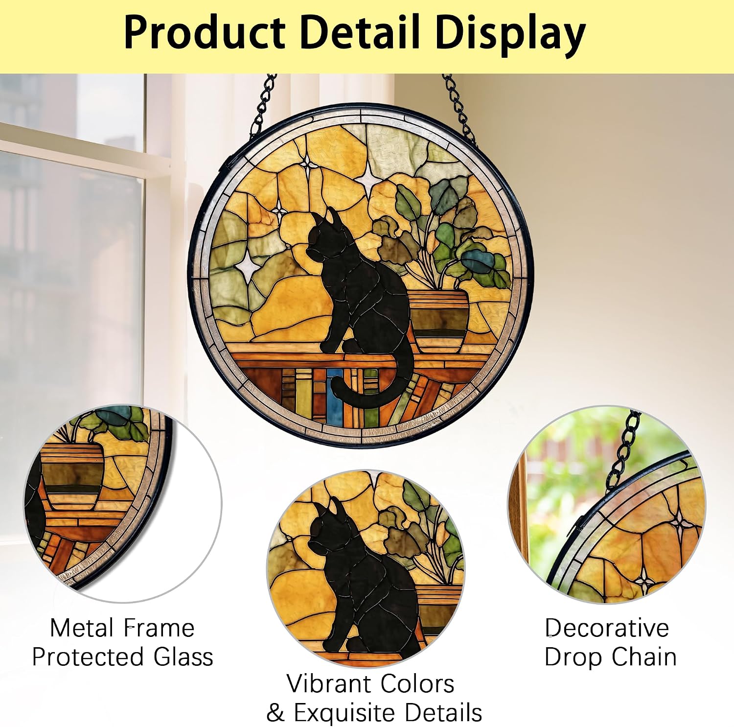 TNUW Black Cat Stained Glass Window Hanging, Black Cat Book Lovers Sun Catchers Indoor Window Glass Round Wall Art Decor, Book Lovers Gifts for Women Wall Hanging Decorations, 7.9＂x7.9＂