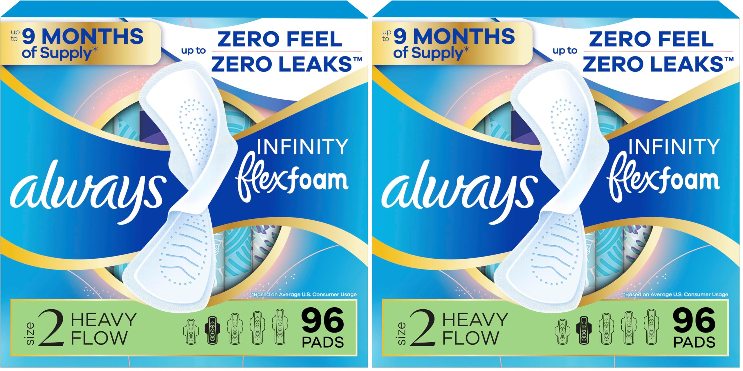 Always Infinity Feminine Pads for Women, Flexfoam Pads with Wings, Size 2, Heavy Absorbency, Unscented, 96 Count (Pack of 2)