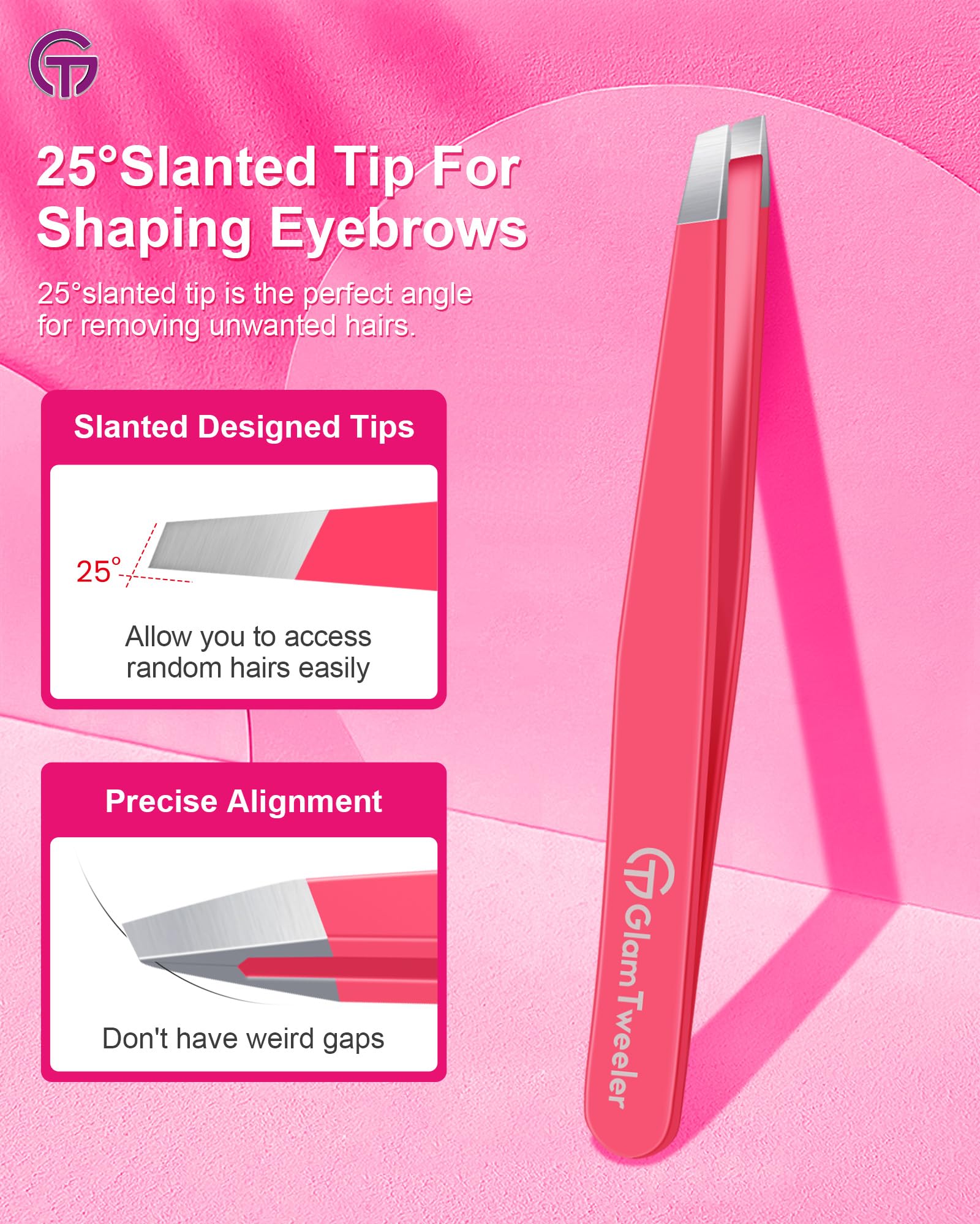 GlamTweeler Expert - Pinzas de depilación de cejas con funda de cuero, punta inclinada de alta precisión, pinzas de acero inoxidable para hombres y mujeres (rosa intenso)
