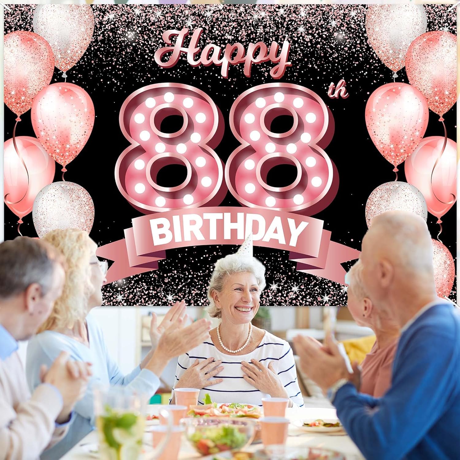 Happy 88th Birthday Rose Gold Banner Backdrop Cheers to 88 Years Old Confetti Balloons Theme Decor Decorations for Women 88 Years Old Pink Birthday Party Bday Supplies Background Favors Gift Glitter - Image 5