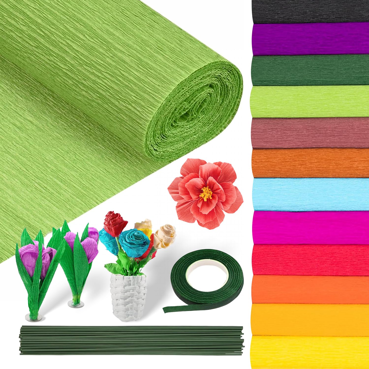 12 Rolls 25x250cm Crepe Paper Roll Crepe Paper for Flower Making with Floral Tape and Iron Wiree for DIY Flowers Crafts Festivals Party Supplies (12 Colours)