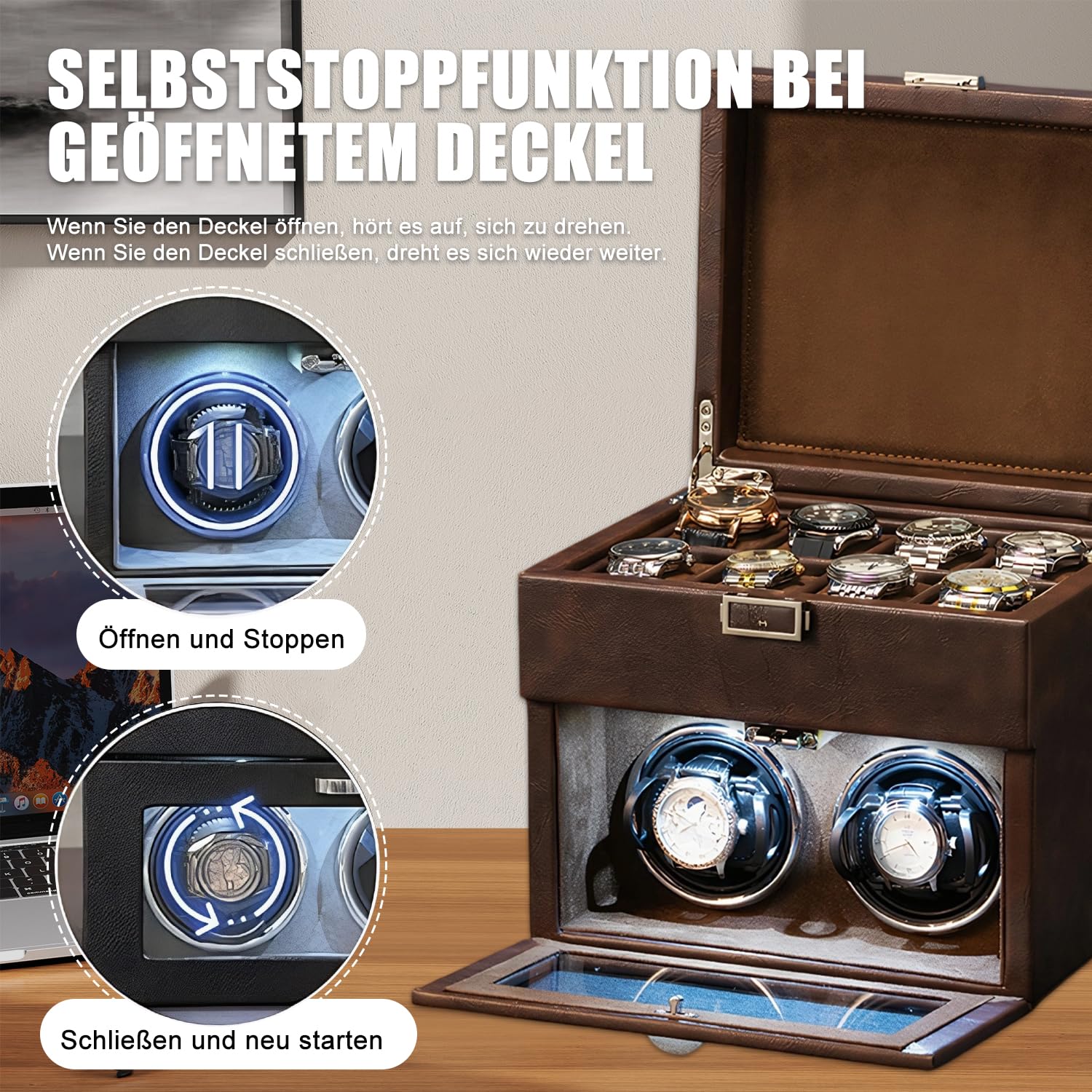 Remontoir automatique pour montres automatiques avec éclairage LED et 8 boîtes de rangement supplémentaires, remontoir automatique avec moteur super silencieux, support de montre réglable