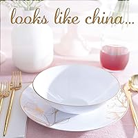 Vista 11 de Plasticpro - Platos de fiesta con diseño floral de plástico blanco con borde dorado, platos desechables pesados, elegantes y de alta calidad