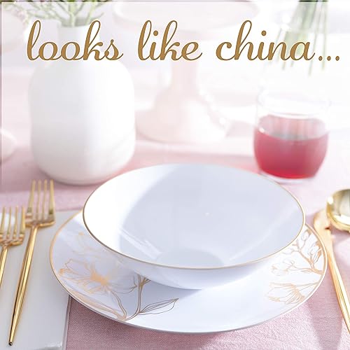 Miniatura 4 de PLASTICPRO 16 onzas, 20 unidades Tazones de sopa de fiesta de plástico blanco orgánico con borde dorado Premium pesado elegante vajilla desechable