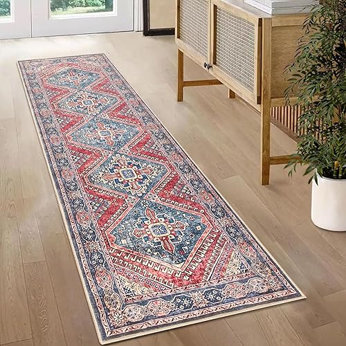 KUTA Alfombra oriental lavable de 2 x 6 pies, antideslizante, vintage, color rojo, para pasillo, cocina, ultra suave, envejecida, tribal, para