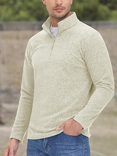 Miniatura 7 de MAGCOMSEN Camisas para hombre con cremallera de 1/4, sudadera de forro polar de peso medio, manga larga, sudaderas atléticas Blanco cremoso,Marrón
