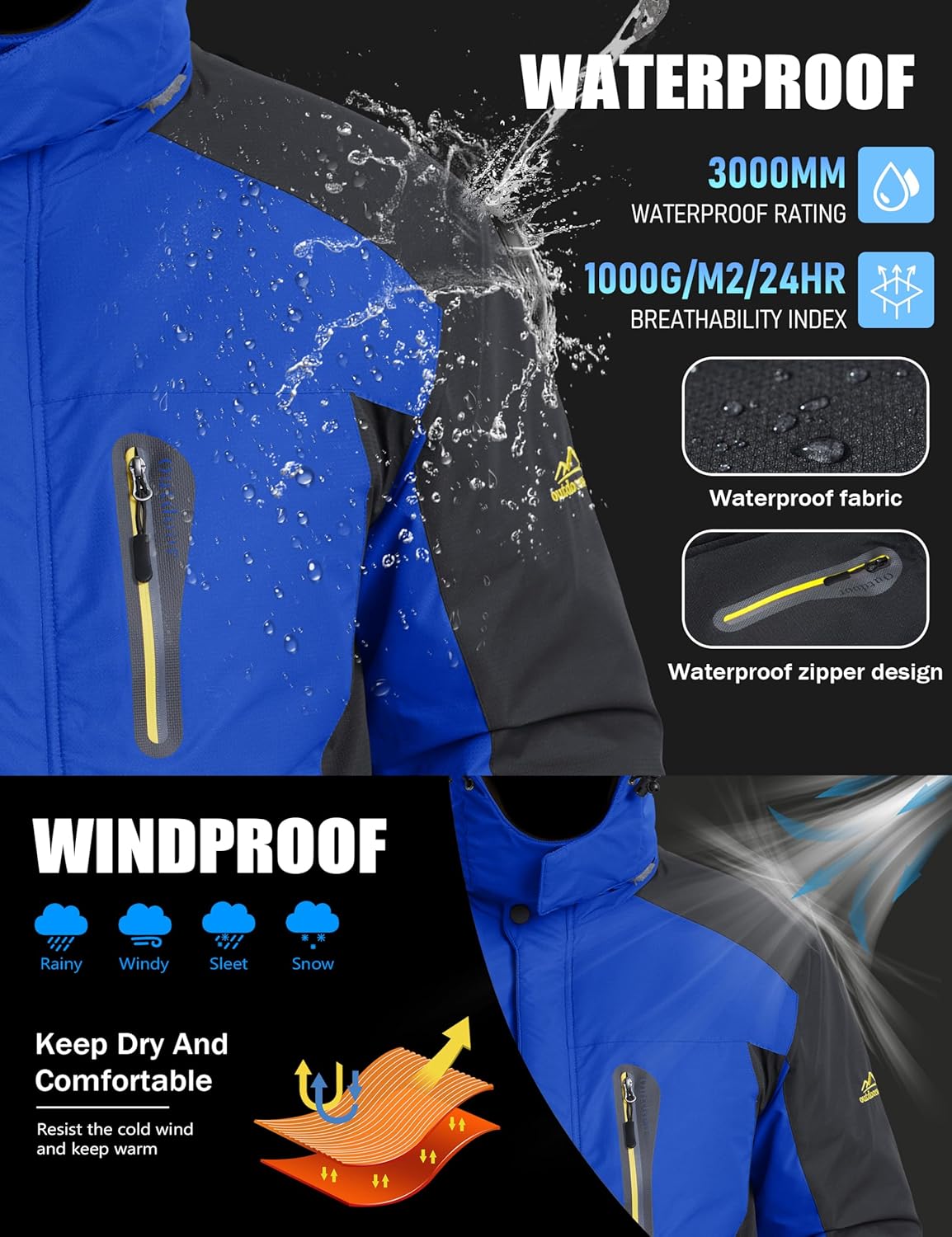 MAGCOMSEN Men's Winter Jacket Ski Snow Waterproof Fleece Coats Snowboard Warm Parka Raincoats with Hood 5 Pockets - Image 2