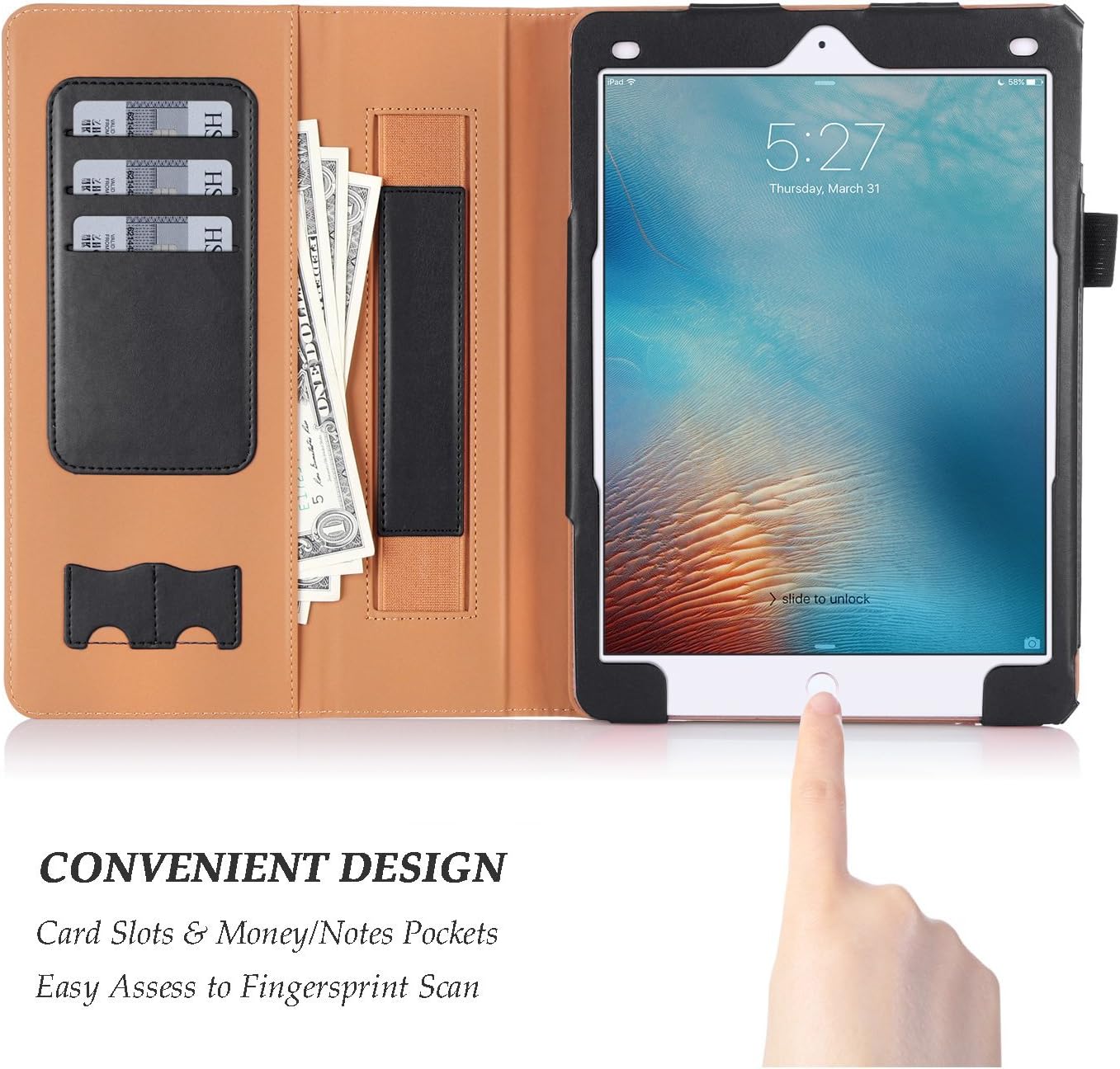iPad Pro 9.7 Case, WWW[Luxury Laser Flower] Premium PU Leather Case Protective Cover with Auto Wake/Sleep Feature for Apple iPad Pro 9.7-inch Black