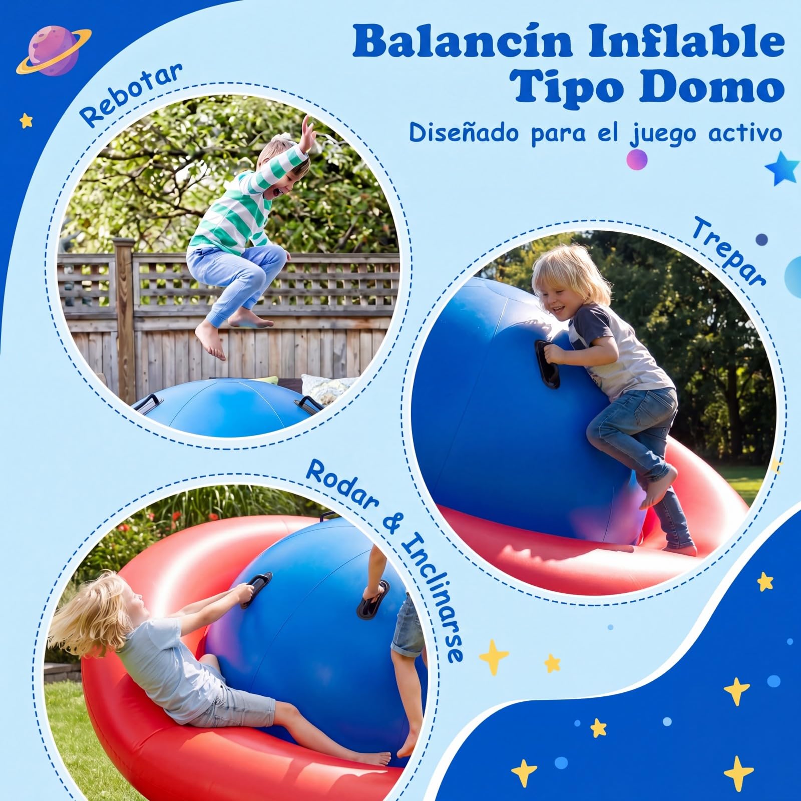 COSTWAY Balancín Inflable para Niños Mayores de 5 Años, 223 x 123 cm con 6 Asas Incorporadas, Balancín Inflable con Cúpula (Rojo)
