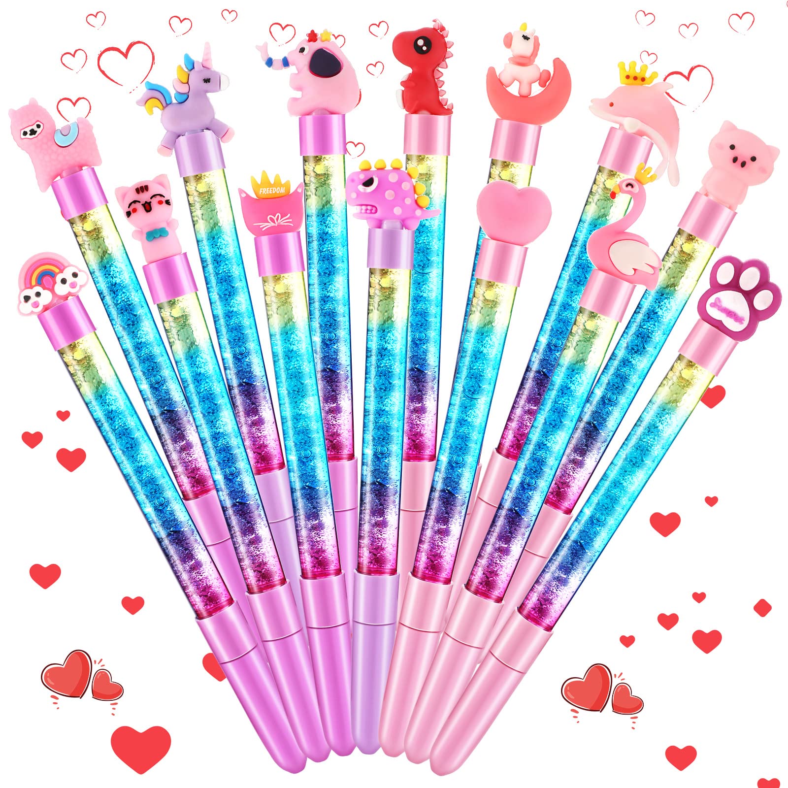 Tinlade 14 Pieces Valentine's Day Pen Cartoon Gel Ink Pen Cute Rainbow Glitter Crystal Pen Funny Pens for Kids Office School Supplies Valentine's Day Party Favors (Heart Style)