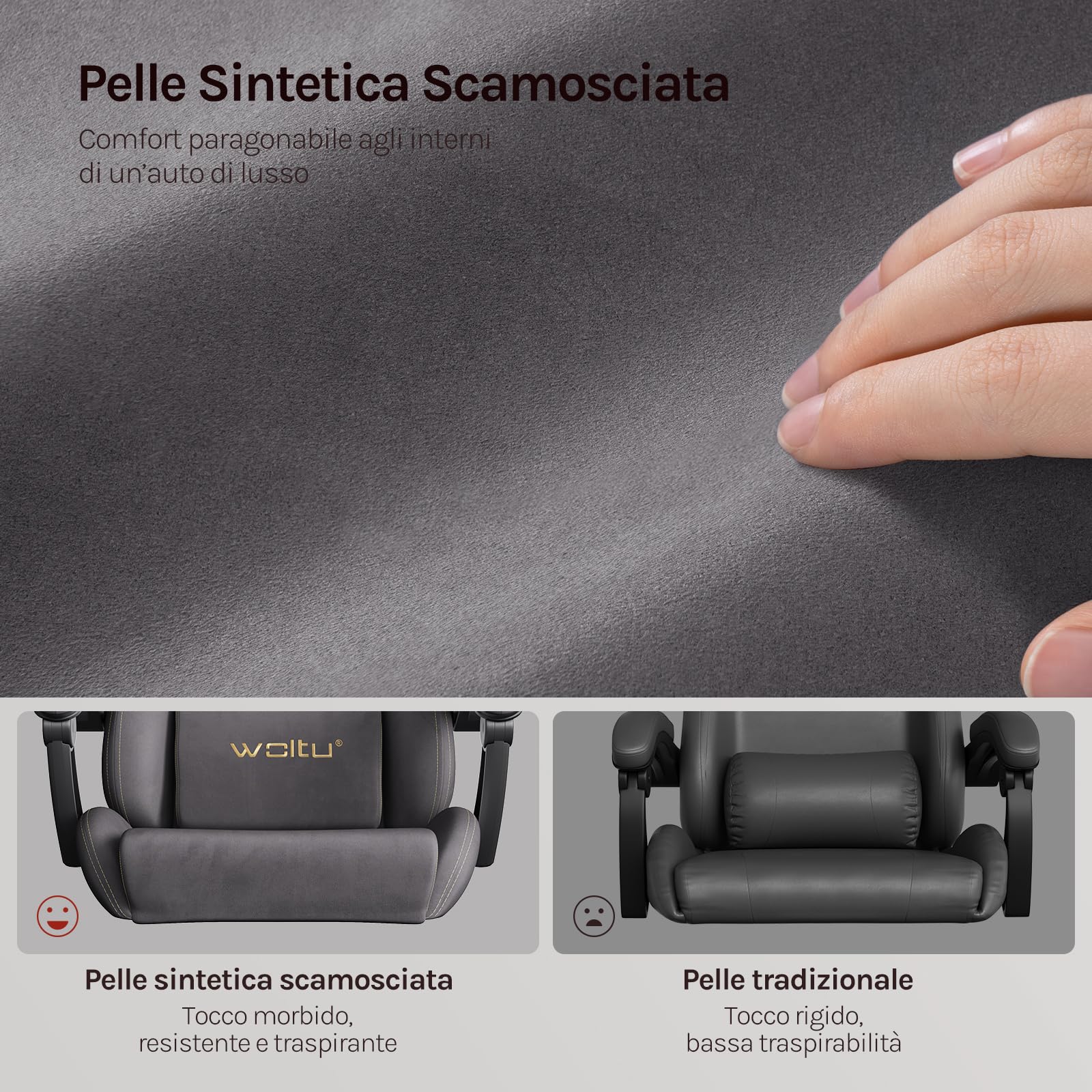 WOLTU Sedia da gaming, Sedia Gaming Ergonomica con Ruote Silenziose, Altezza e Inclinazione Regolabile, con Braccioli Sincronizzati e Poggiapiedi, in Tessuto Scamosciato, Grigio