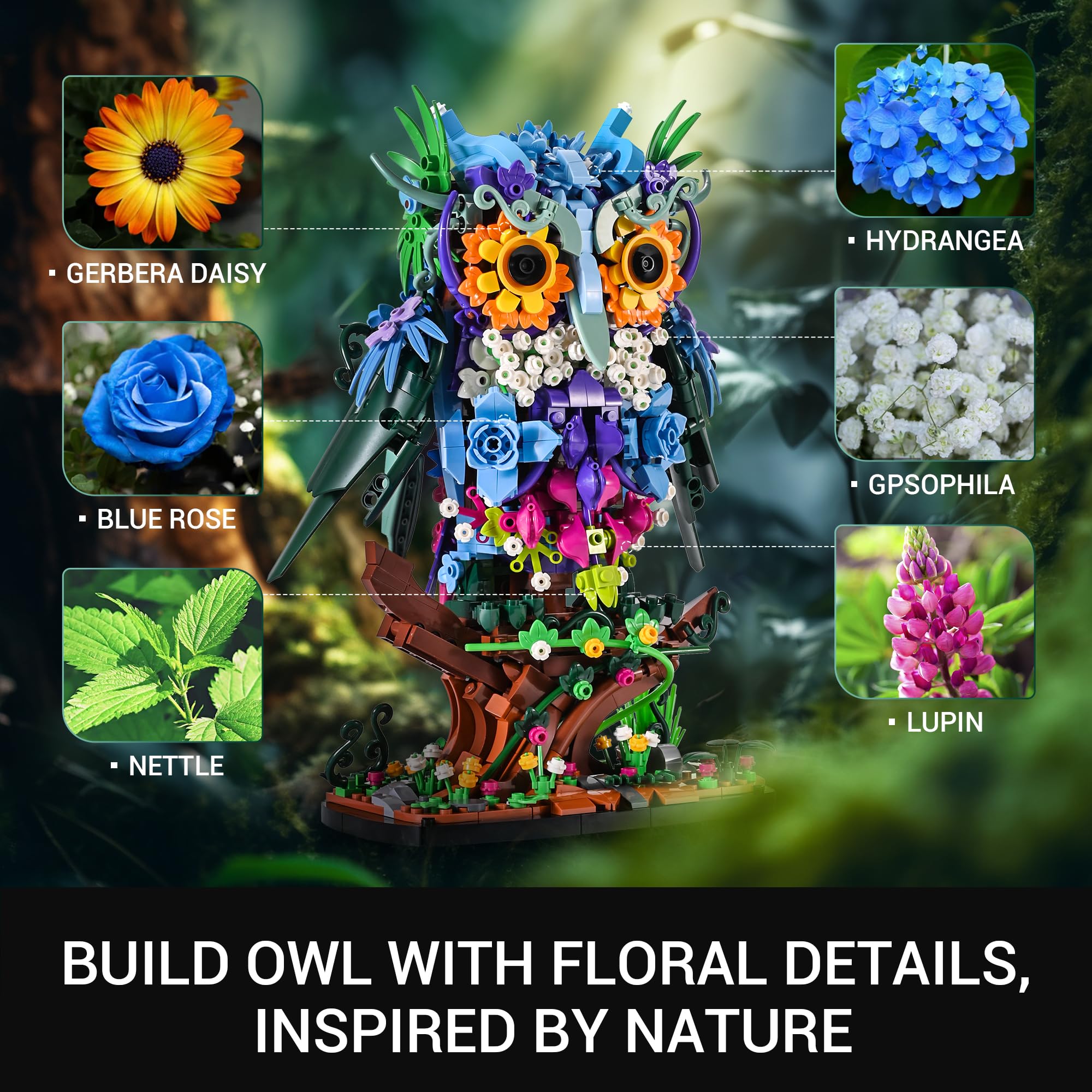 Sillbird Flower Owl Building Sets for Adults Halloween Creative Gift Ideas for Women Men Mom Her, Home Decor Display or Table Centerpieces - Buildable Floral Animals Botanical Model Collection