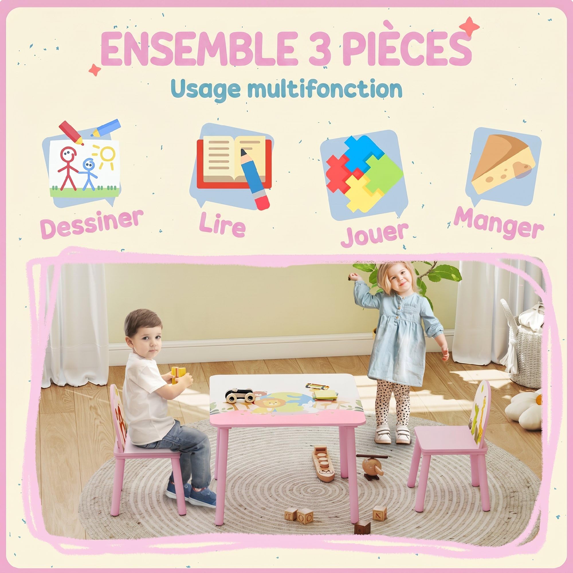 AIYAPLAY Table Enfant avec Chaise en Bois pour Fille Garçon 3-8 Ans Rose
