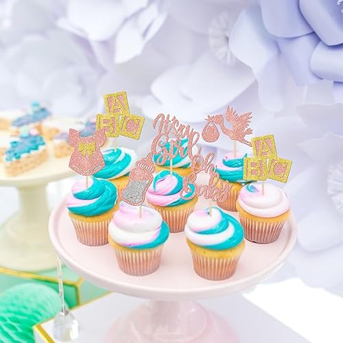 Miniatura 6 de 30 piezas de decoración de cupcakes para baby shower, vestido con lazo con purpurina, biberón para cupcakes "It's a Girl", decoración de pasteles