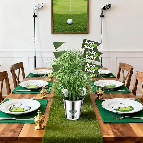 Miniatura 7 de Juego de 6 centros de mesa de golf para mesa, incluye 6 cubos de hierro, 12 minigolf, 60 césped artificial, 12 banderas, 2 calcomanías para