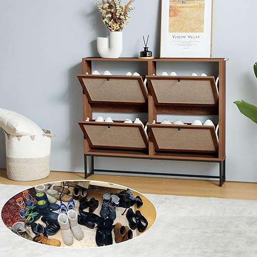 Miniatura 7 de Armario de zapatos con 4 cajones abatibles, organizador de zapatos independiente para entrada, pasillo, sala de estar (nogal - 4 niveles)