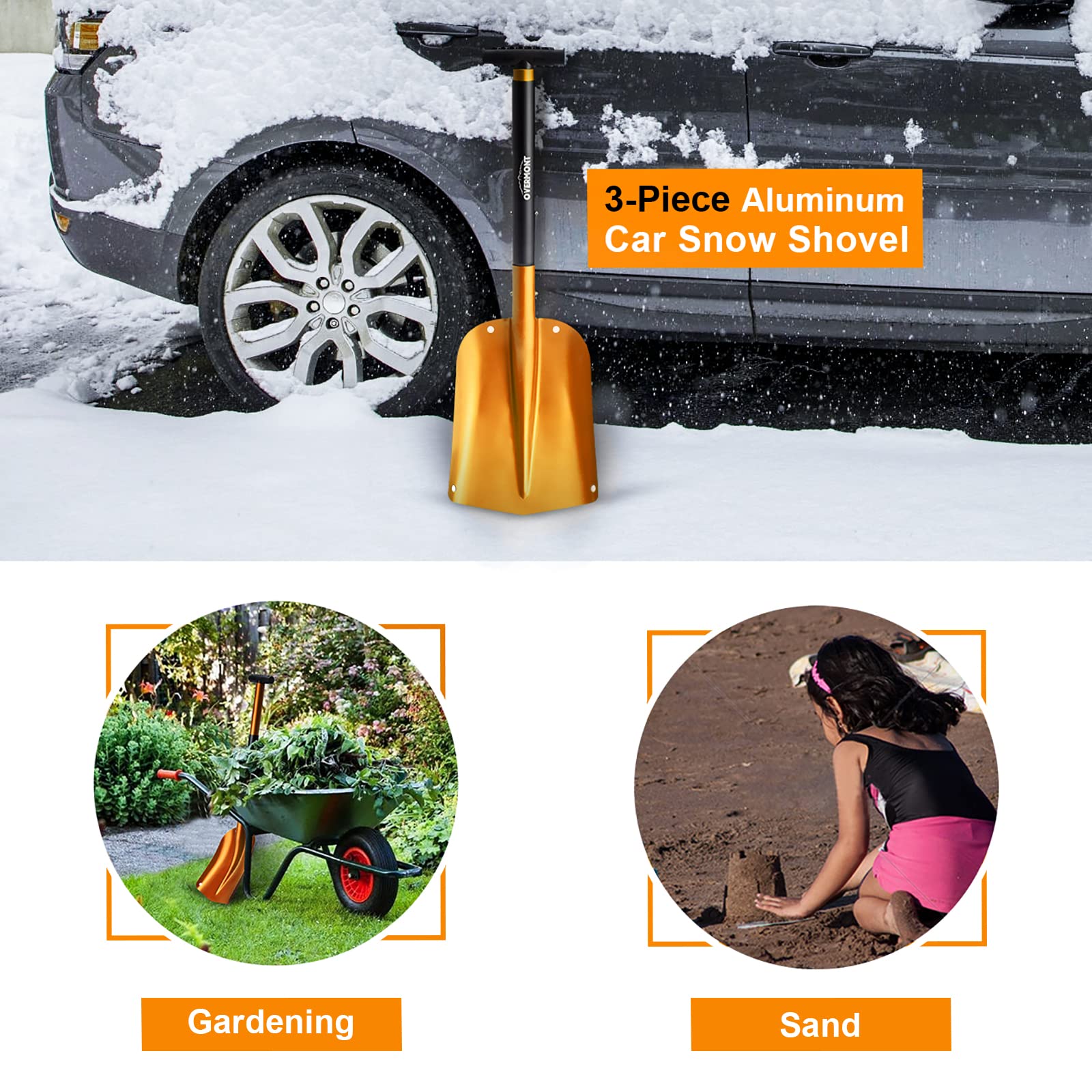 OVERMONT Pala da Neve Portatile Staccabile - Pala Neve con Pala Piccolo per Rimozione Neve - Borsa da Trasporto Manico PP per Auto Giardinaggio