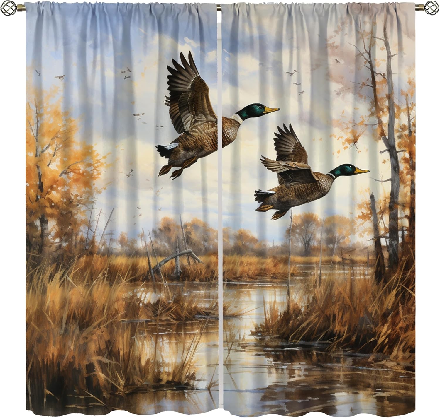 Vintage Mallard Duck Blackout Curtains for Bedroom,Country Nature Rustic Oil Painting Fall Forest Reeds Pond Hunting Animals Window Drapes Print for Boys Girls Living Room Cottages 42x45in