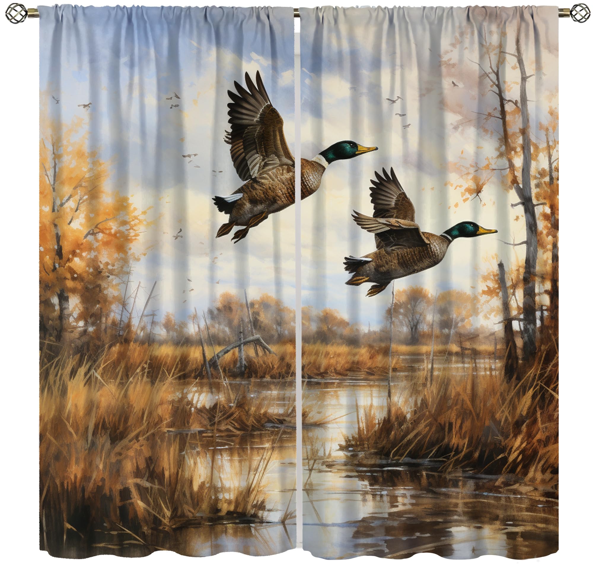 wlsgdsg Vintage Mallard Duck Blackout Curtains for Bedroom,Country Nature Rustic Oil Painting Fall Forest Reeds Pond Hunting Animals Window Drapes