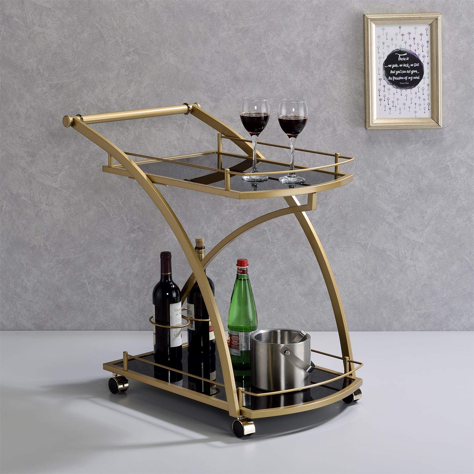 IDIMEX Chariot de Service Evo Chariot à thé et Boisson desserte de Cuisine à roulettes avec poignée en métal doré, avec 2 Plateaux en Verre trempé Noir et Un Porte Bouteilles